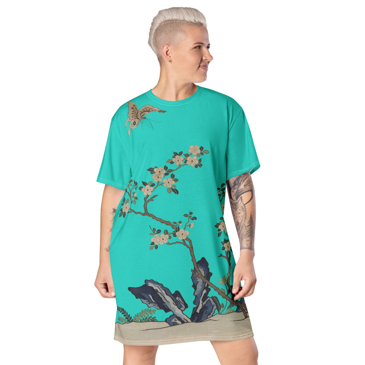 タペストリーの花|White Plum Blossoms and Butterfly|T-shirt dress|Turquoise