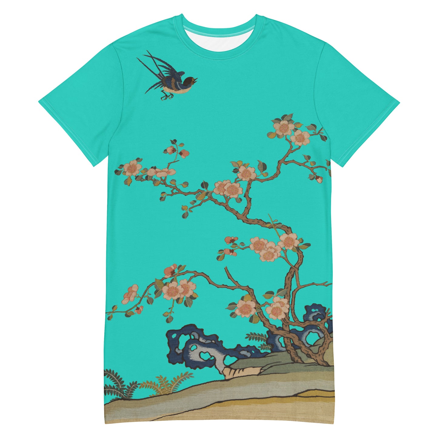 タペストリーの花|Swallow in Flight, Harbinger of Spring|T-shirt dress|Turquoise