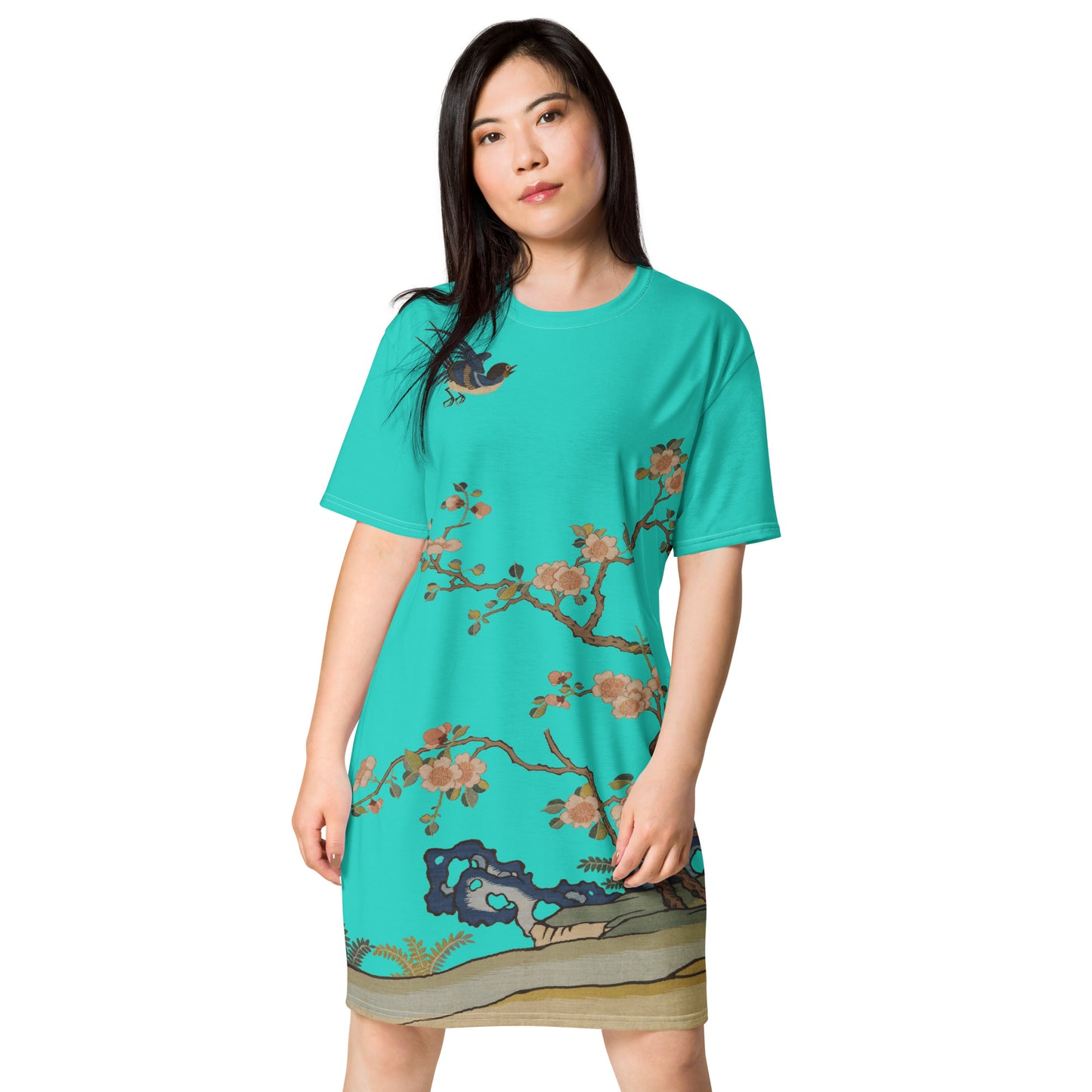 タペストリーの花|Swallow in Flight, Harbinger of Spring|T-shirt dress|Turquoise