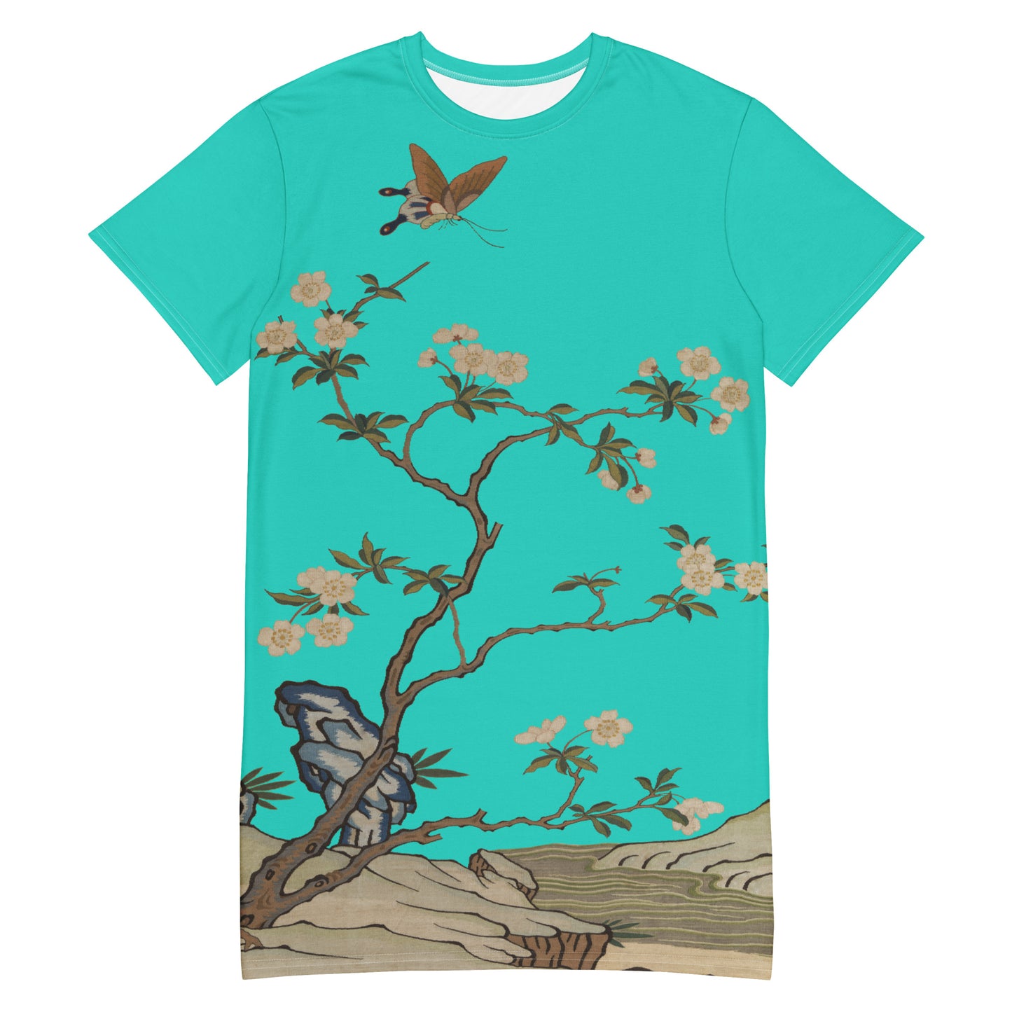 タペストリーの花|梅の花と蝶|Tシャツドレス|ターコイズ