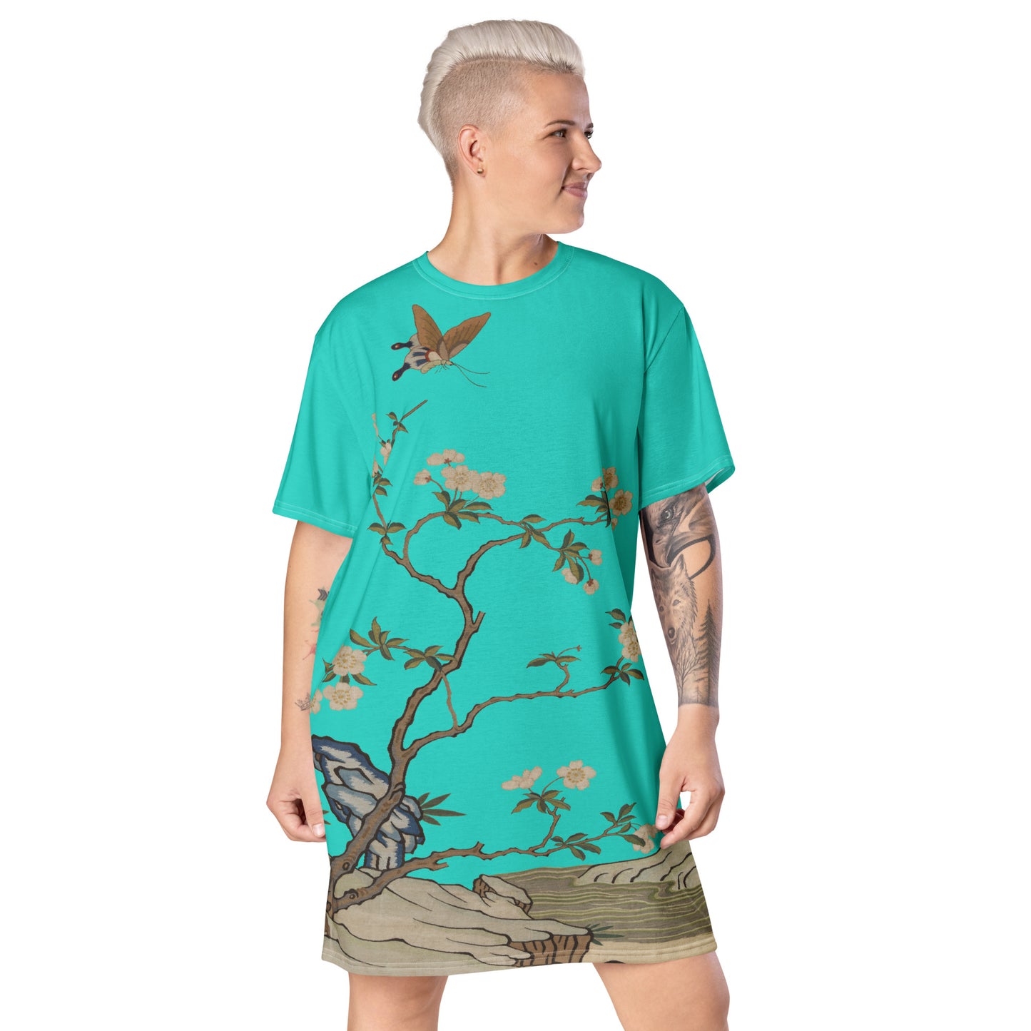 タペストリーの花|梅の花と蝶|Tシャツドレス|ターコイズ