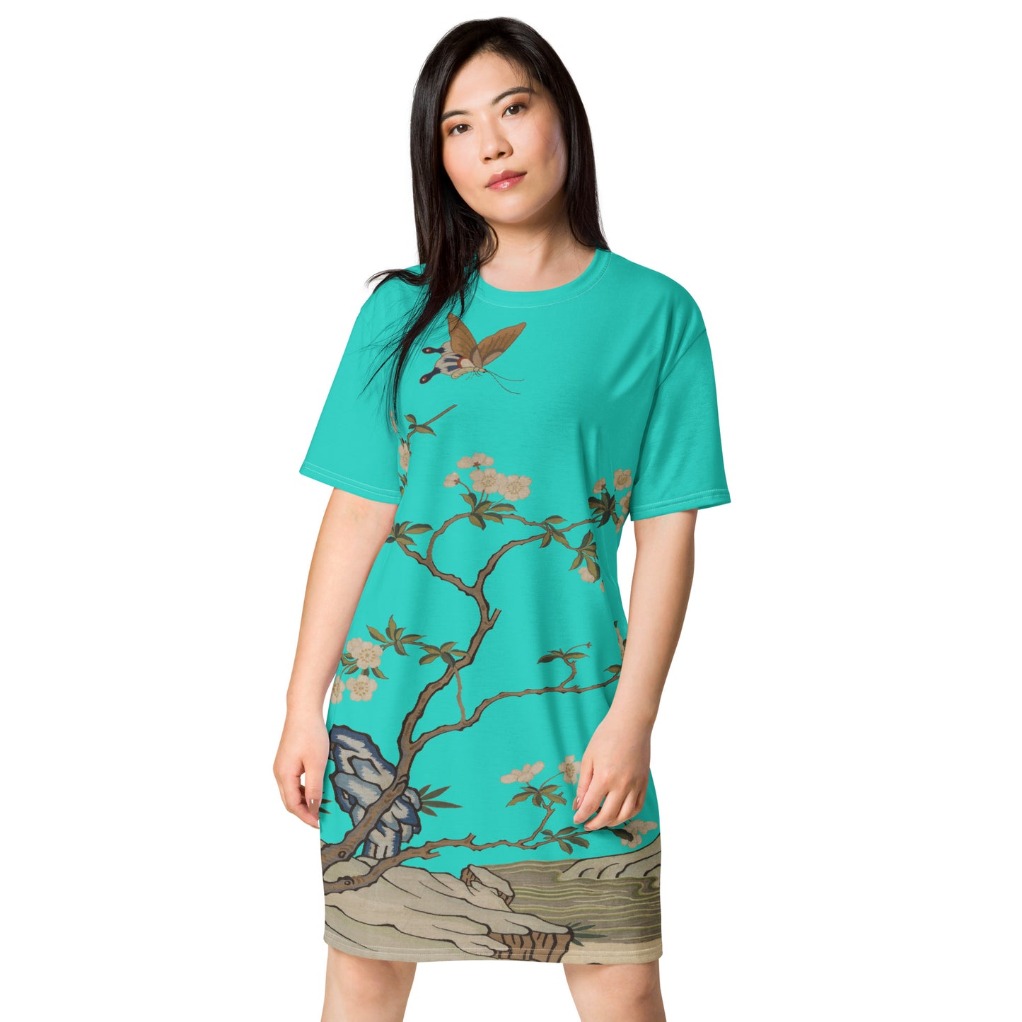 タペストリーの花|梅の花と蝶|Tシャツドレス|ターコイズ
