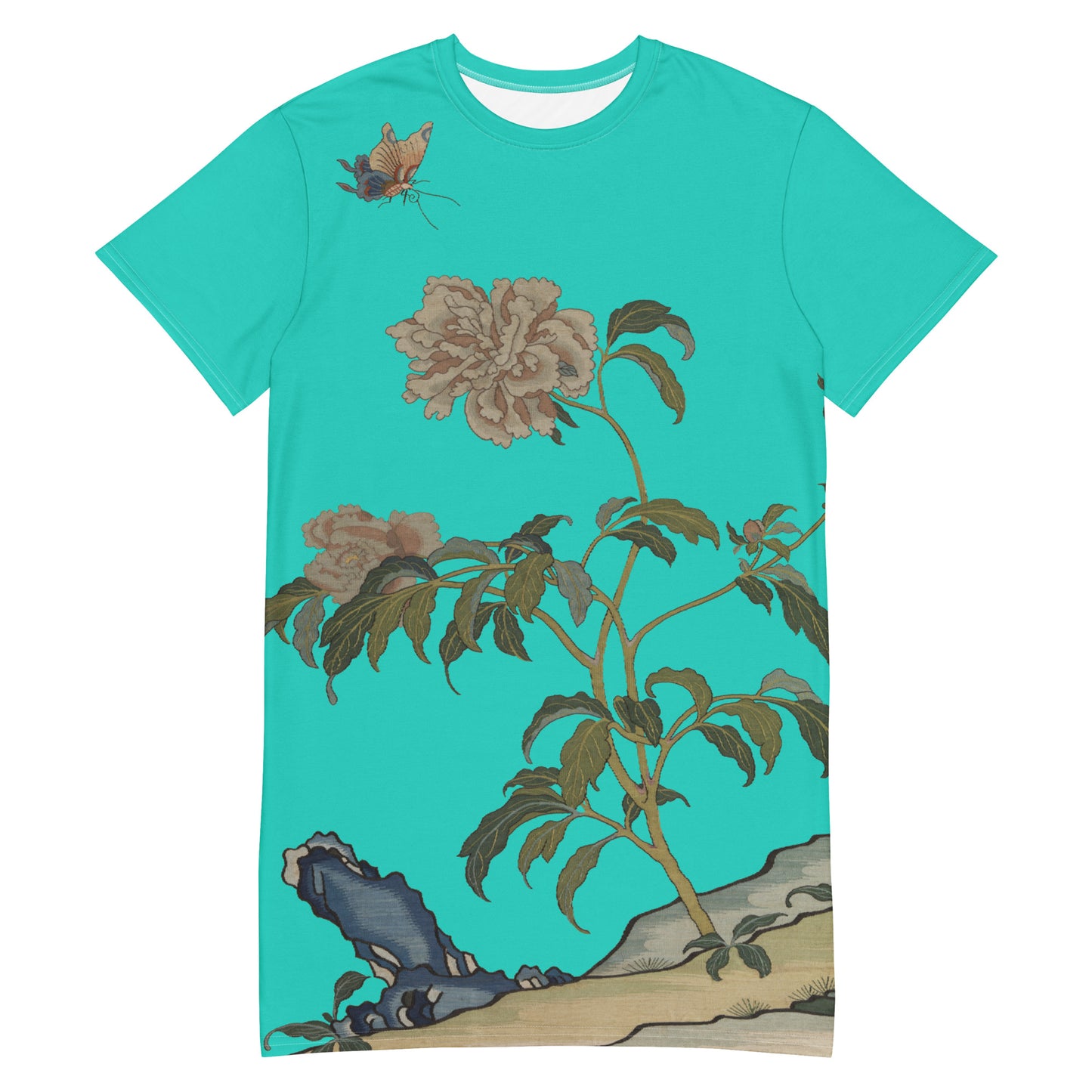 タペストリーの花|Peonies and Butterfly|T-shirt dress|Turquoise