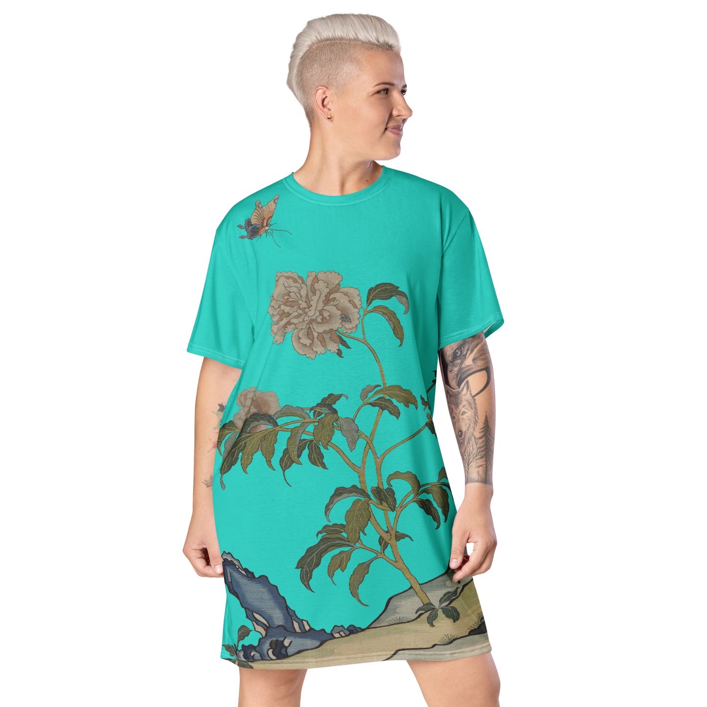 タペストリーの花|Peonies and Butterfly|T-shirt dress|Turquoise