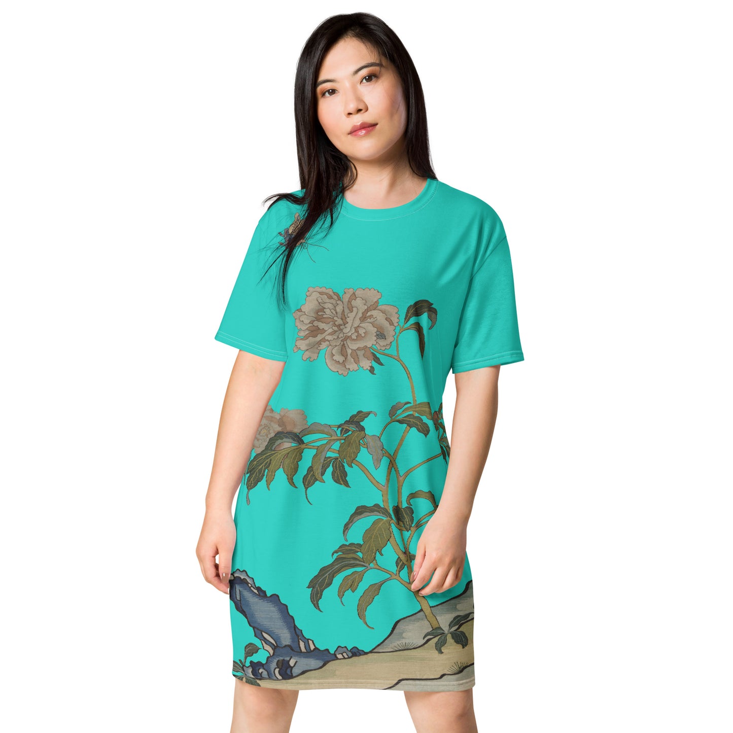 タペストリーの花|Peonies and Butterfly|T-shirt dress|Turquoise