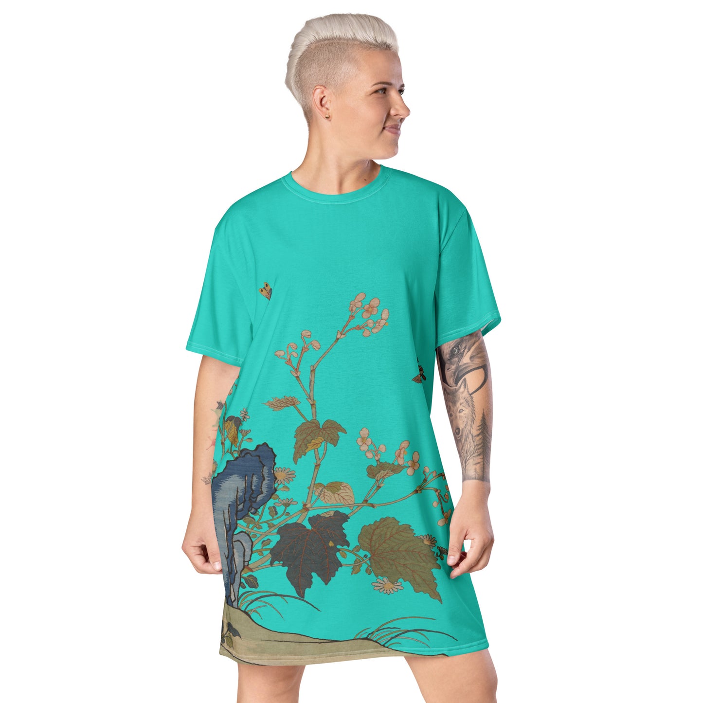 タペストリーの花|Begonia Blossoms|Tシャツドレス|ターコイズ