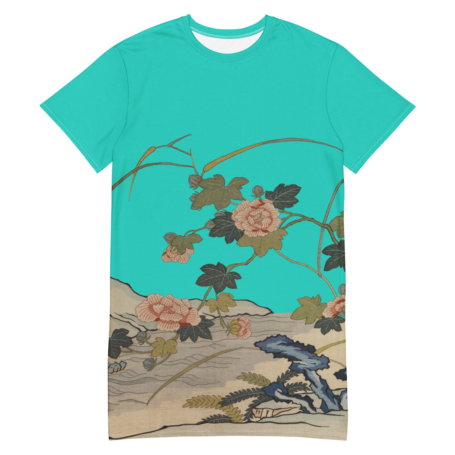 タペストリーの花|Hibiscus by the Water|T-shirt dress|Turquoise