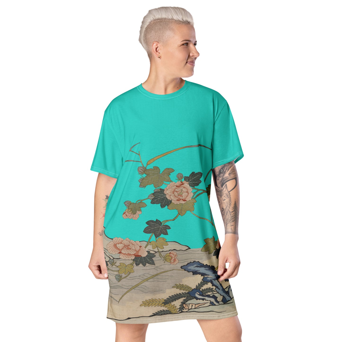 タペストリーの花|Hibiscus by the Water|T-shirt dress|Turquoise