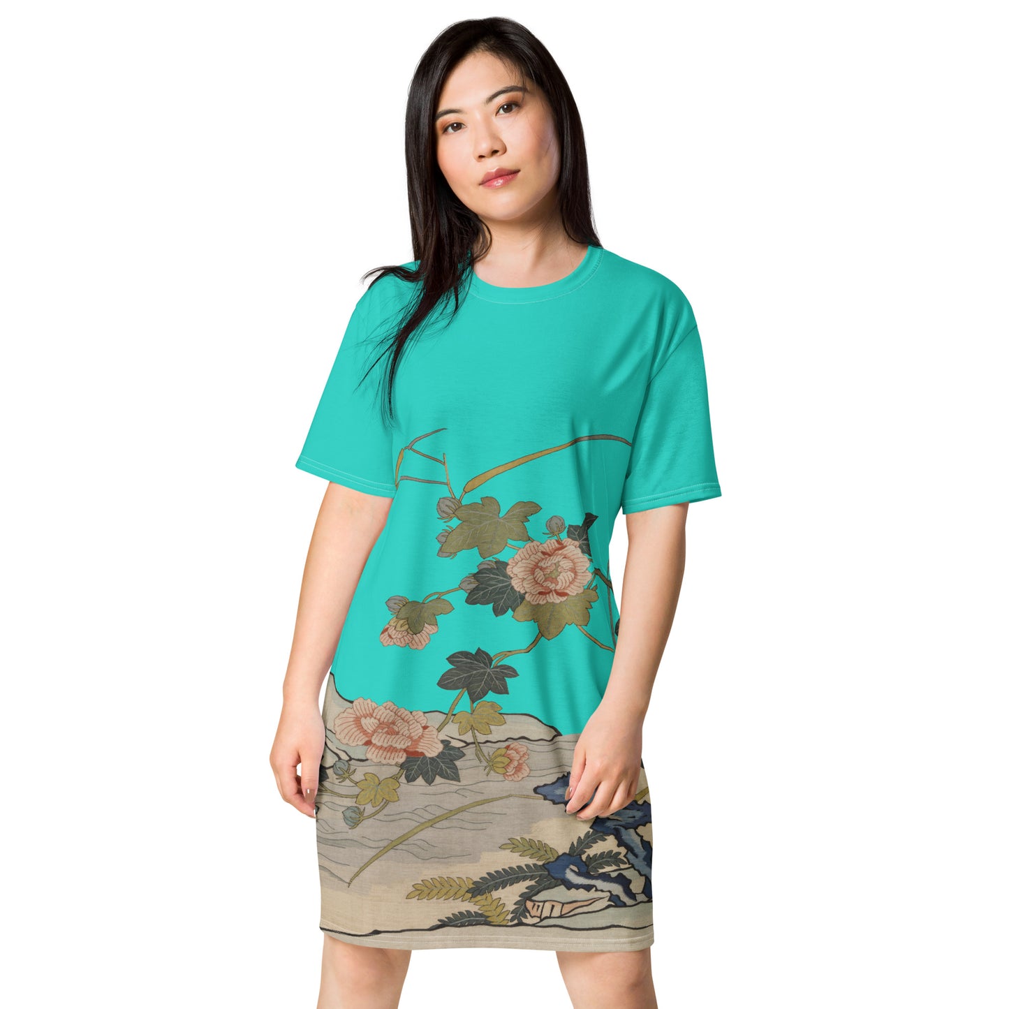タペストリーの花|Hibiscus by the Water|T-shirt dress|Turquoise