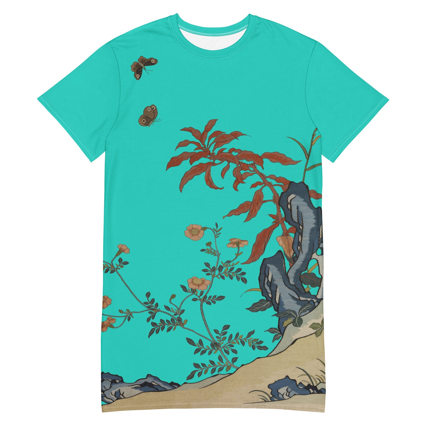 タペストリーの花|Butterflies and Flowers|T-shirt dress|Turquoise