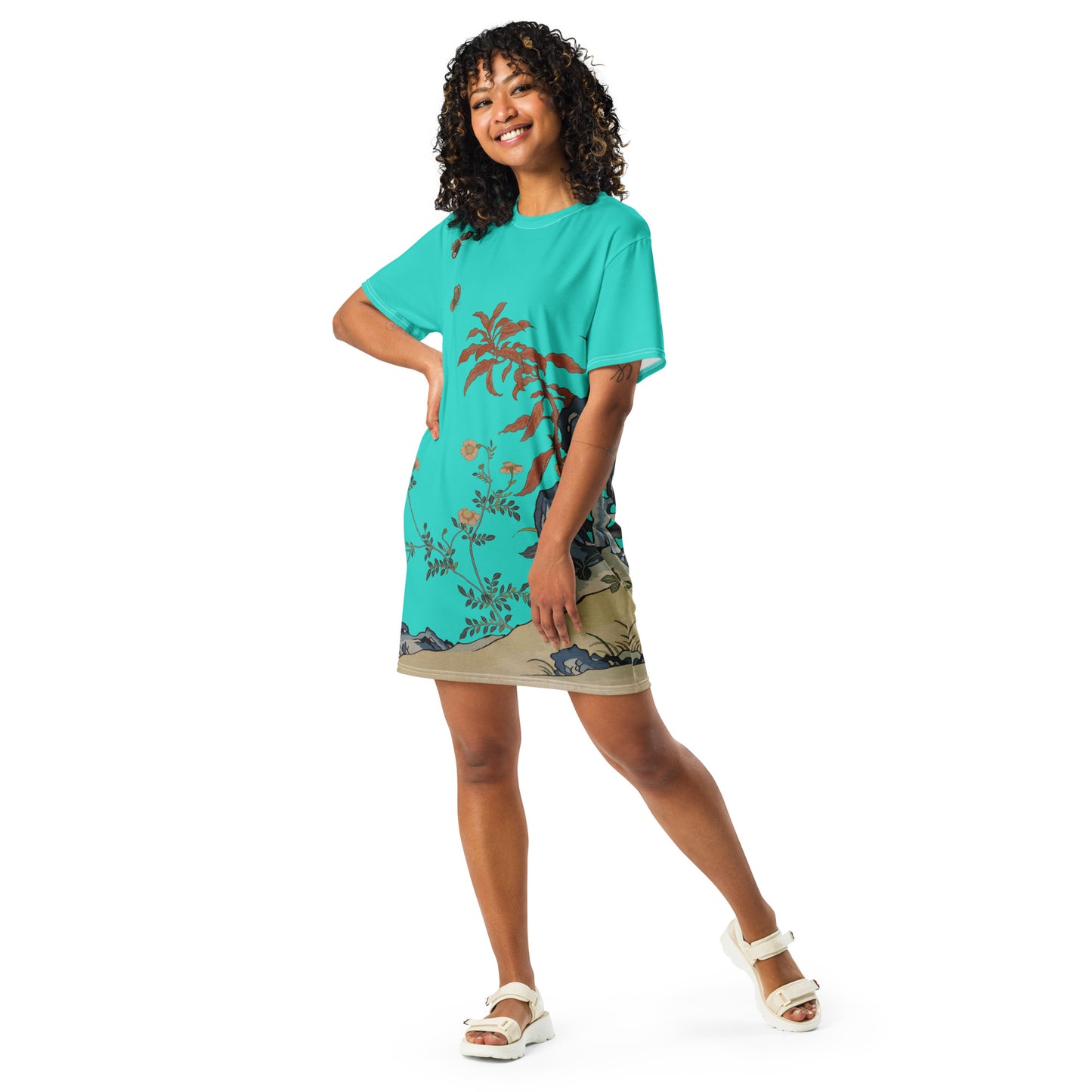タペストリーの花|Butterflies and Flowers|T-shirt dress|Turquoise