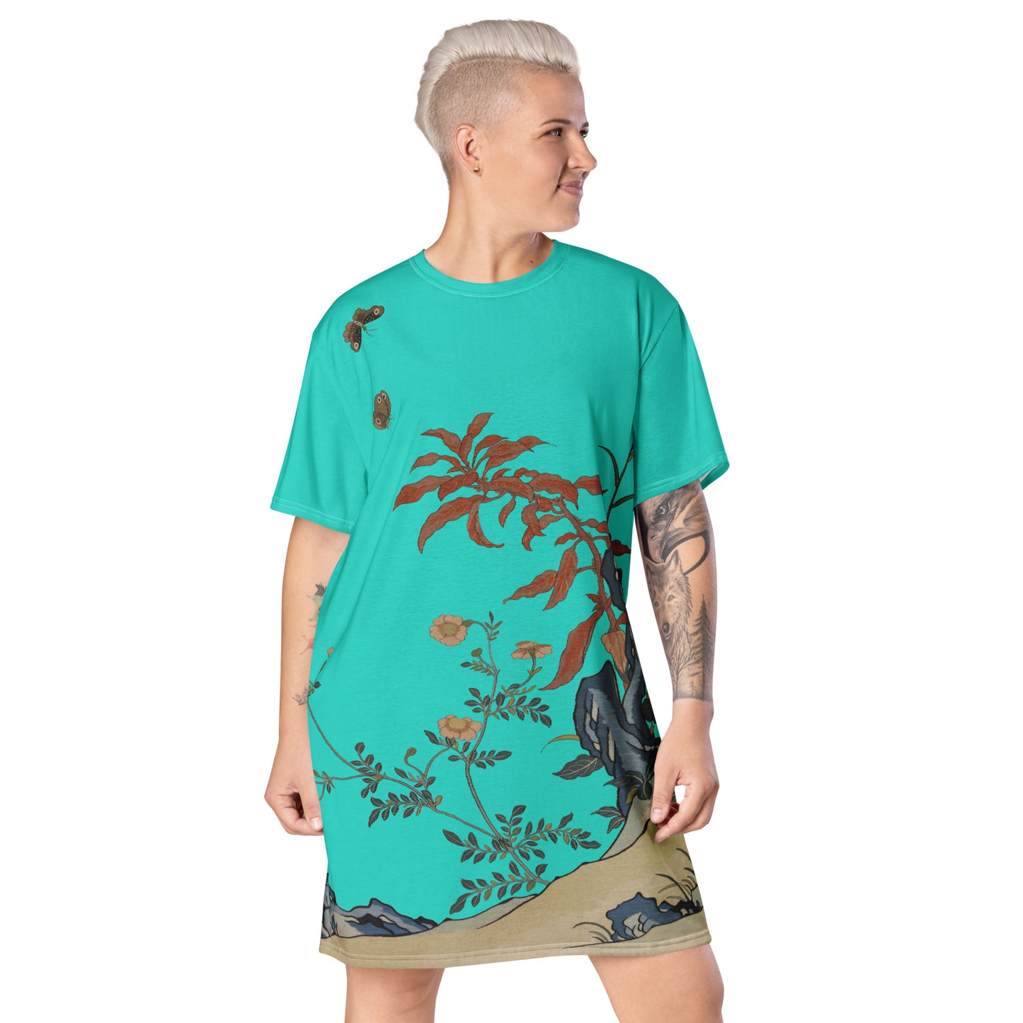 タペストリーの花|Butterflies and Flowers|T-shirt dress|Turquoise