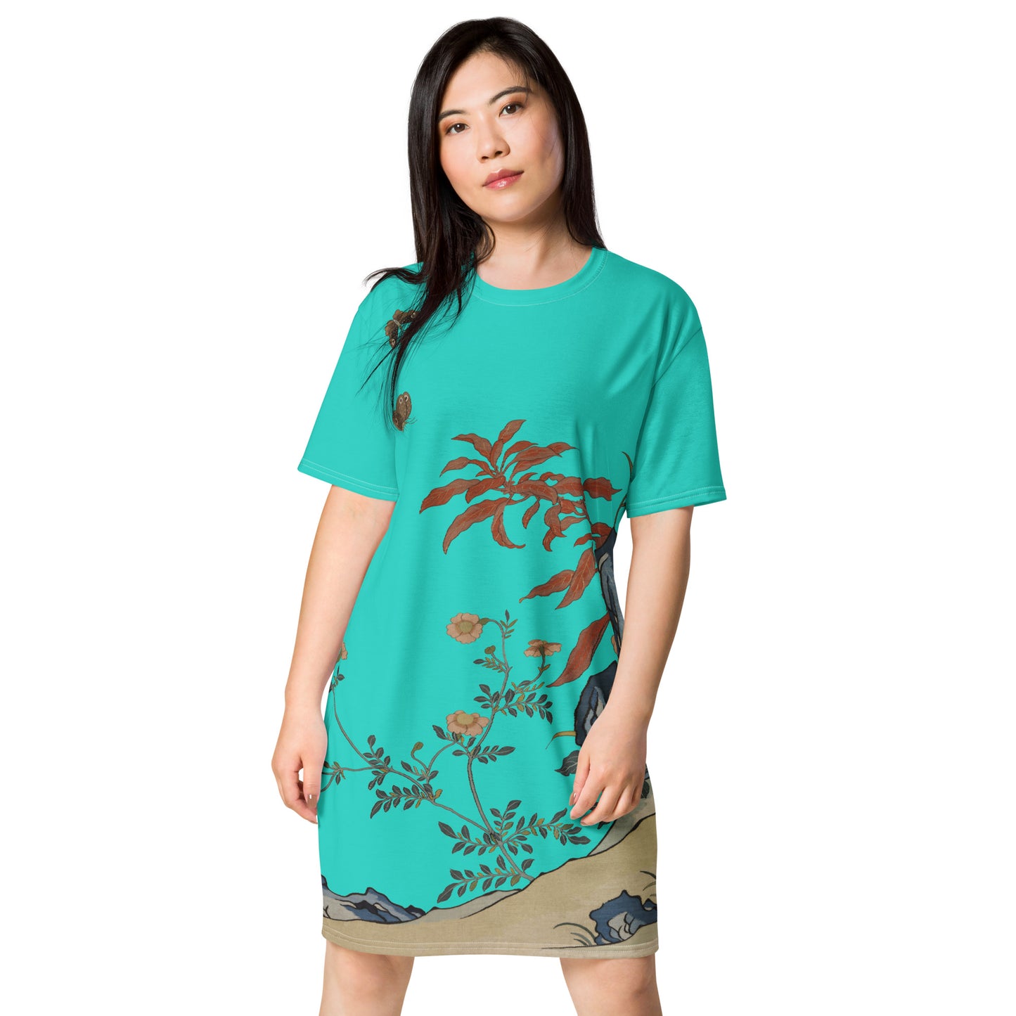 タペストリーの花|Butterflies and Flowers|T-shirt dress|Turquoise