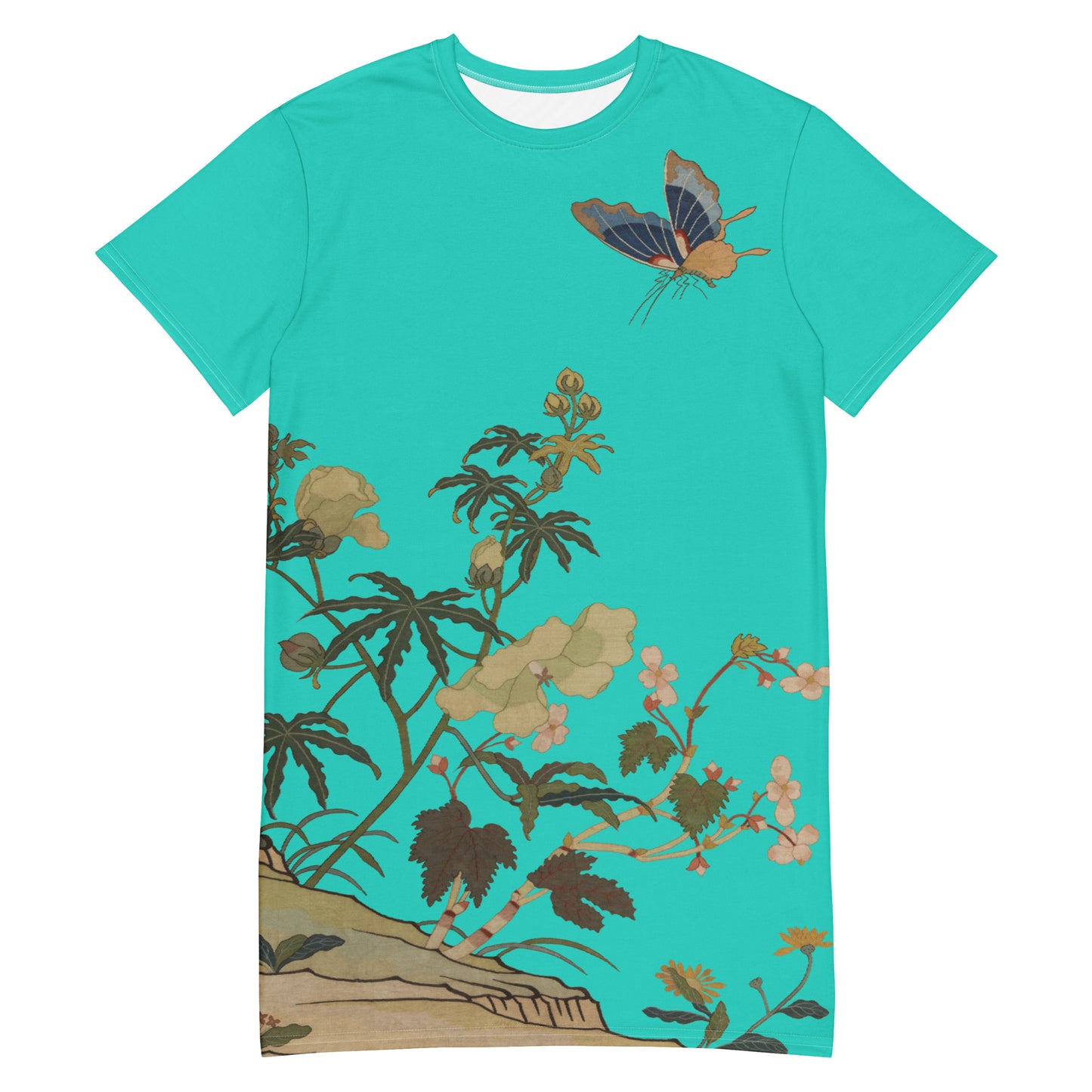 タペストリーの花|ハイビスカスとベゴニアの花|Tシャツドレス|ターコイズ