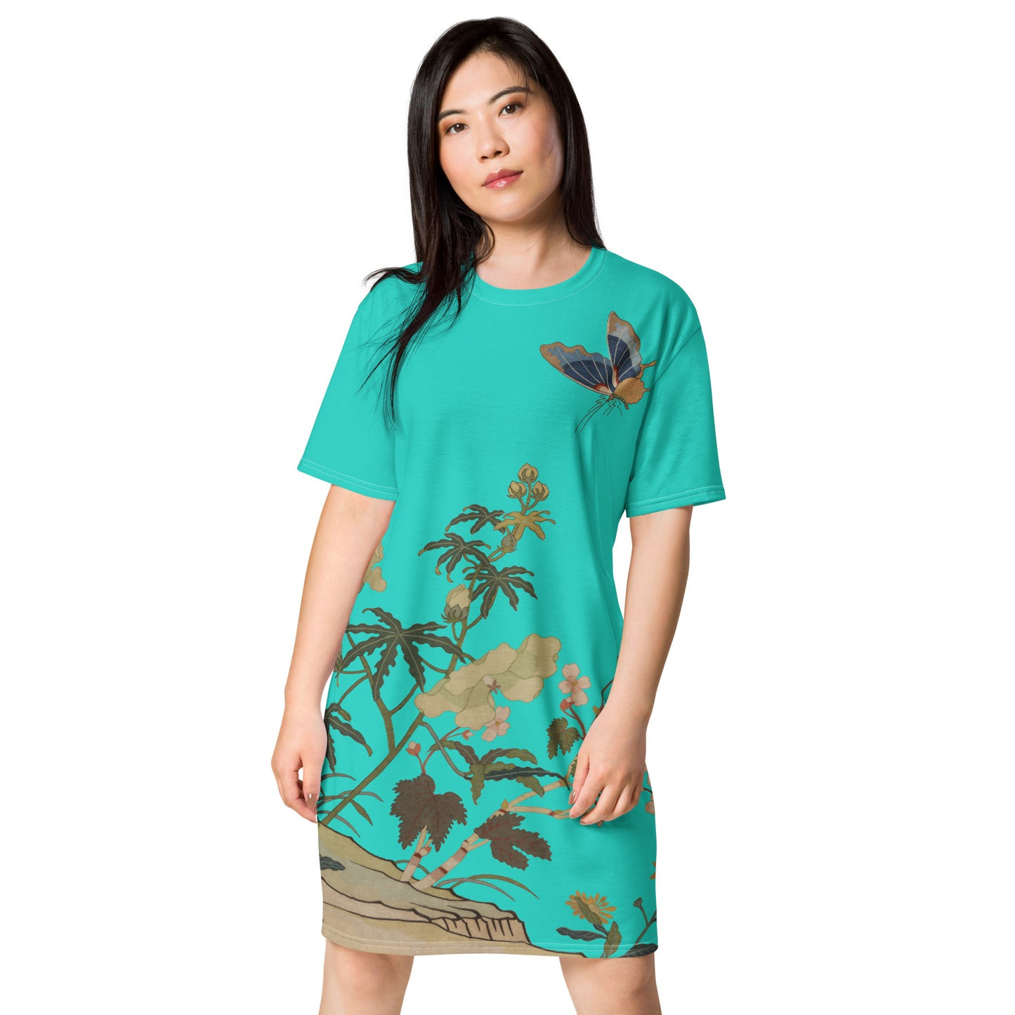 タペストリーの花|ハイビスカスとベゴニアの花|Tシャツドレス|ターコイズ