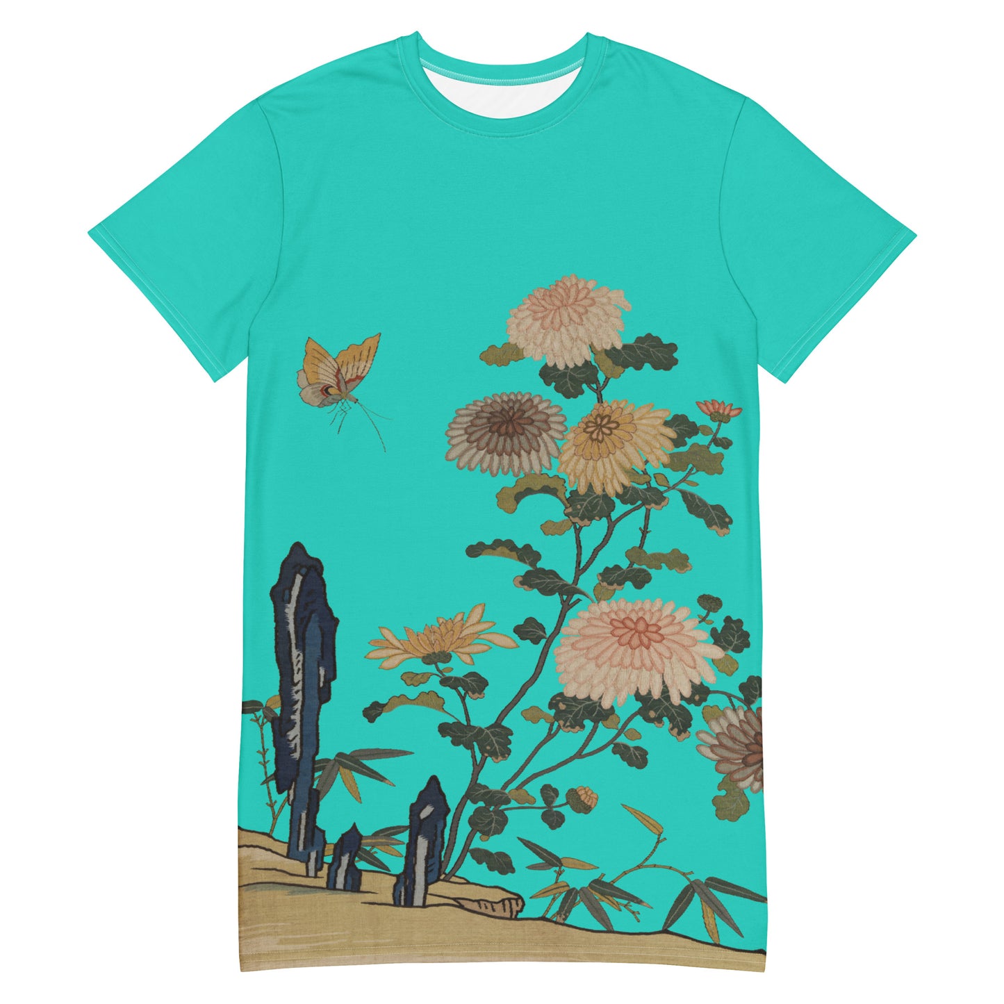 タペストリーの花|Chrysanthemums and Butterflies|T-shirt dress|Turquoise