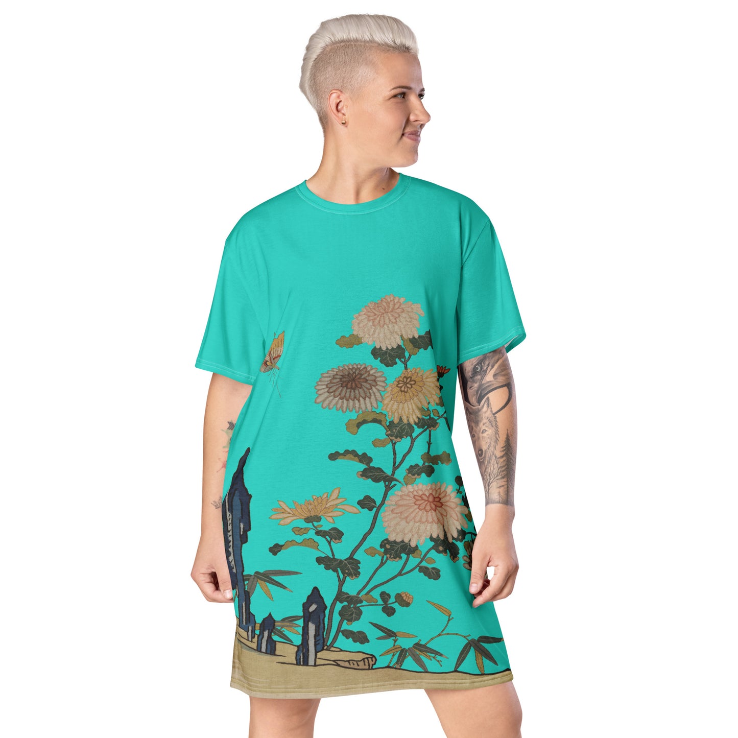 タペストリーの花|Chrysanthemums and Butterflies|T-shirt dress|Turquoise