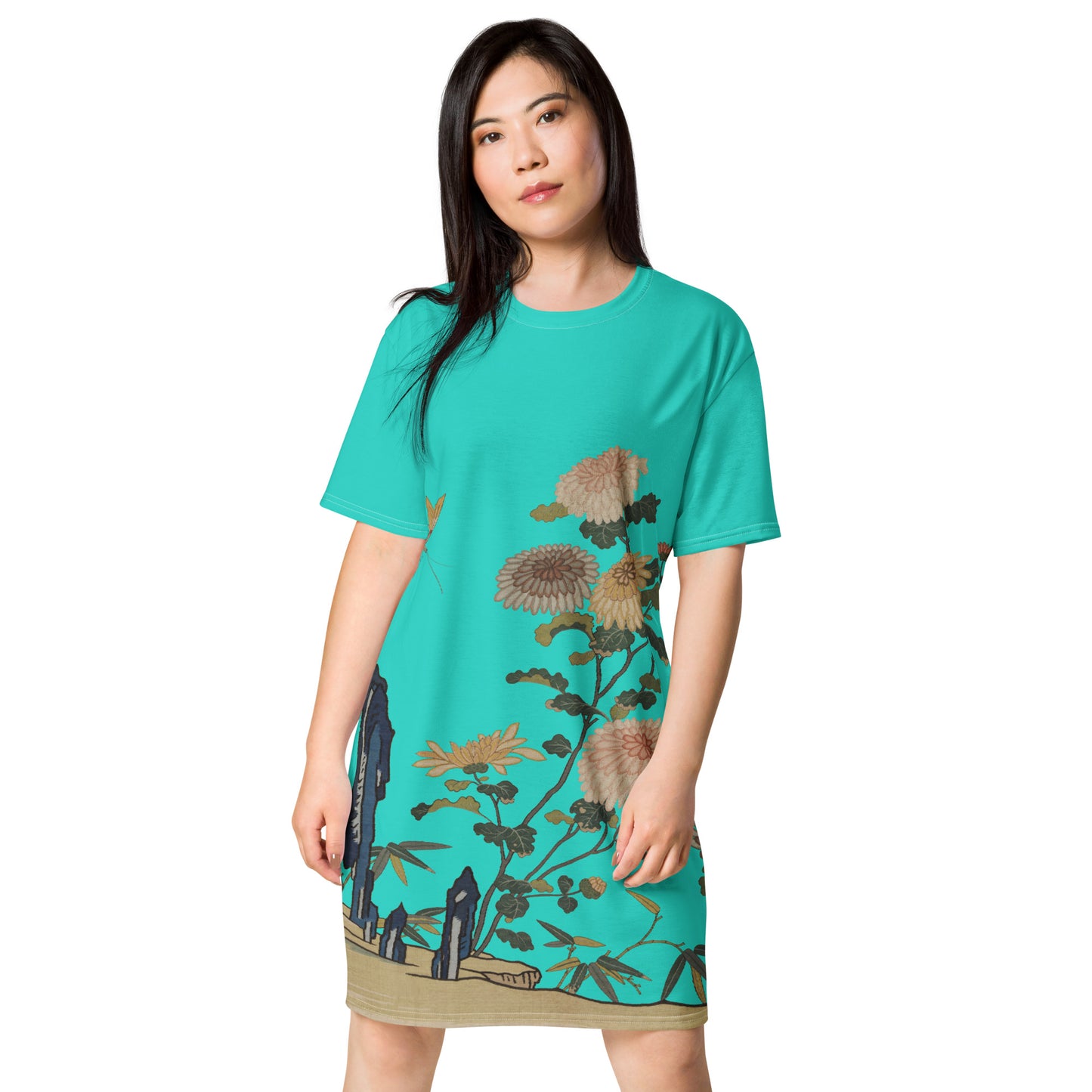 タペストリーの花|Chrysanthemums and Butterflies|T-shirt dress|Turquoise