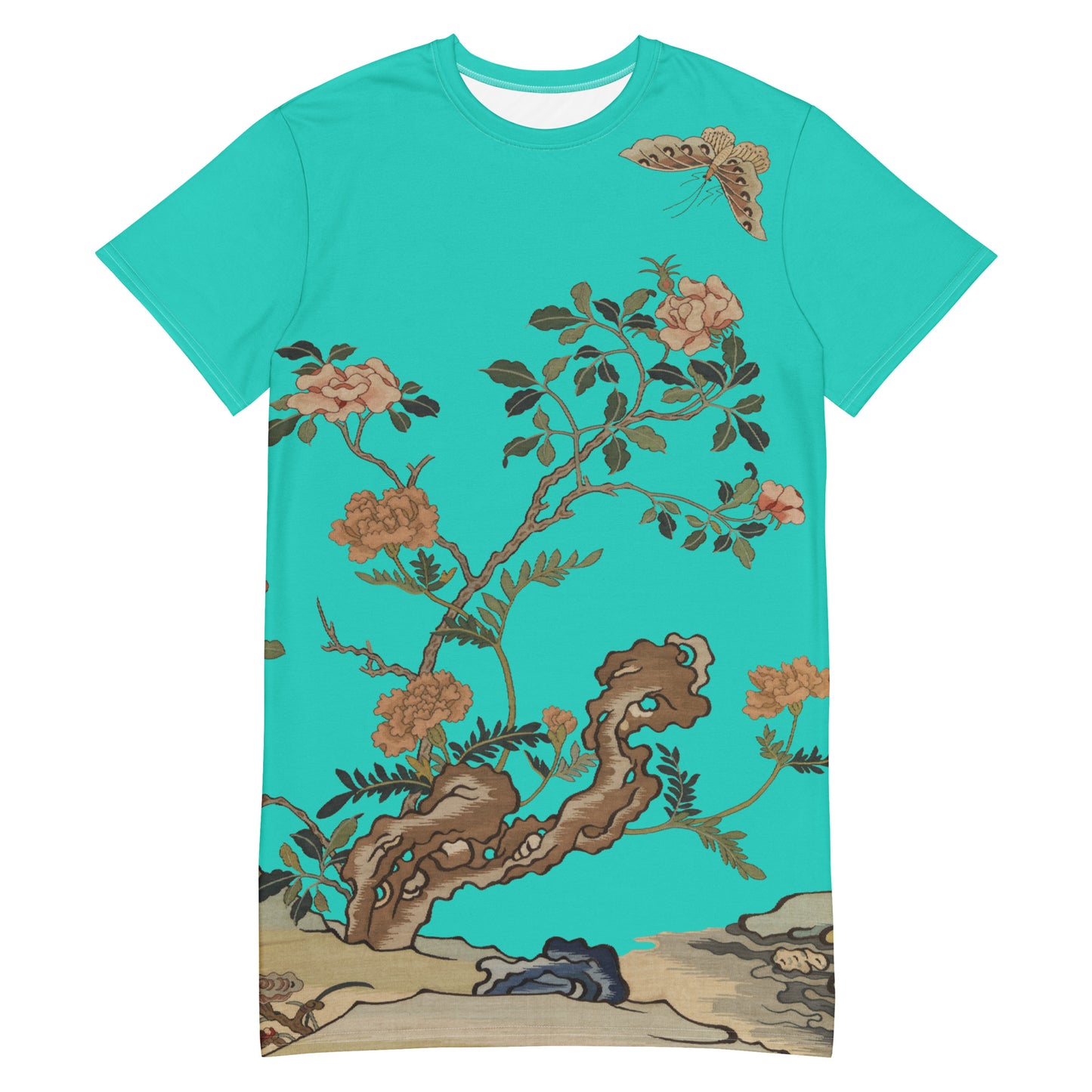 タペストリーの花|Camellia and Butterfly|T-shirt dress|Turquoise