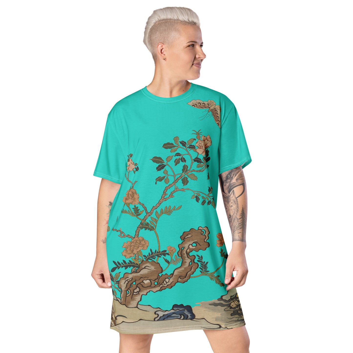 タペストリーの花|Camellia and Butterfly|T-shirt dress|Turquoise