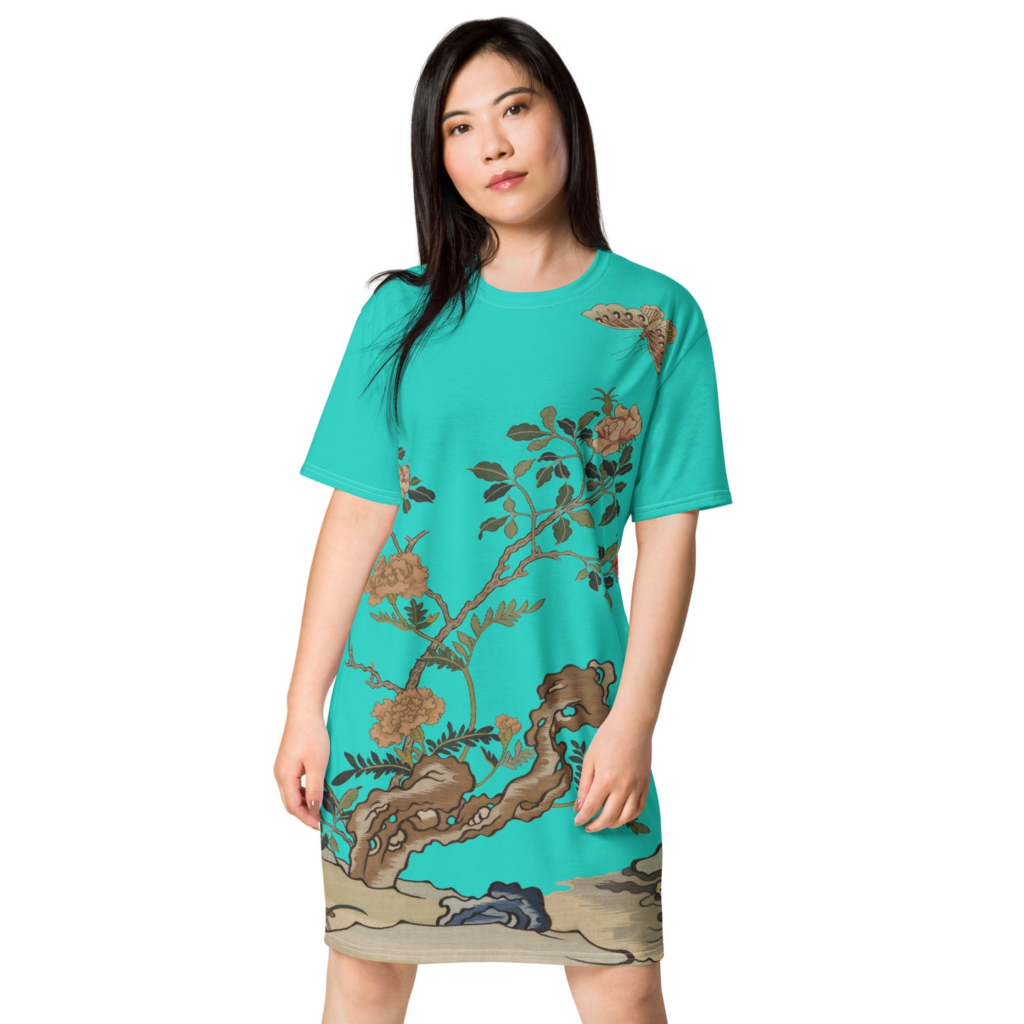 タペストリーの花|Camellia and Butterfly|T-shirt dress|Turquoise
