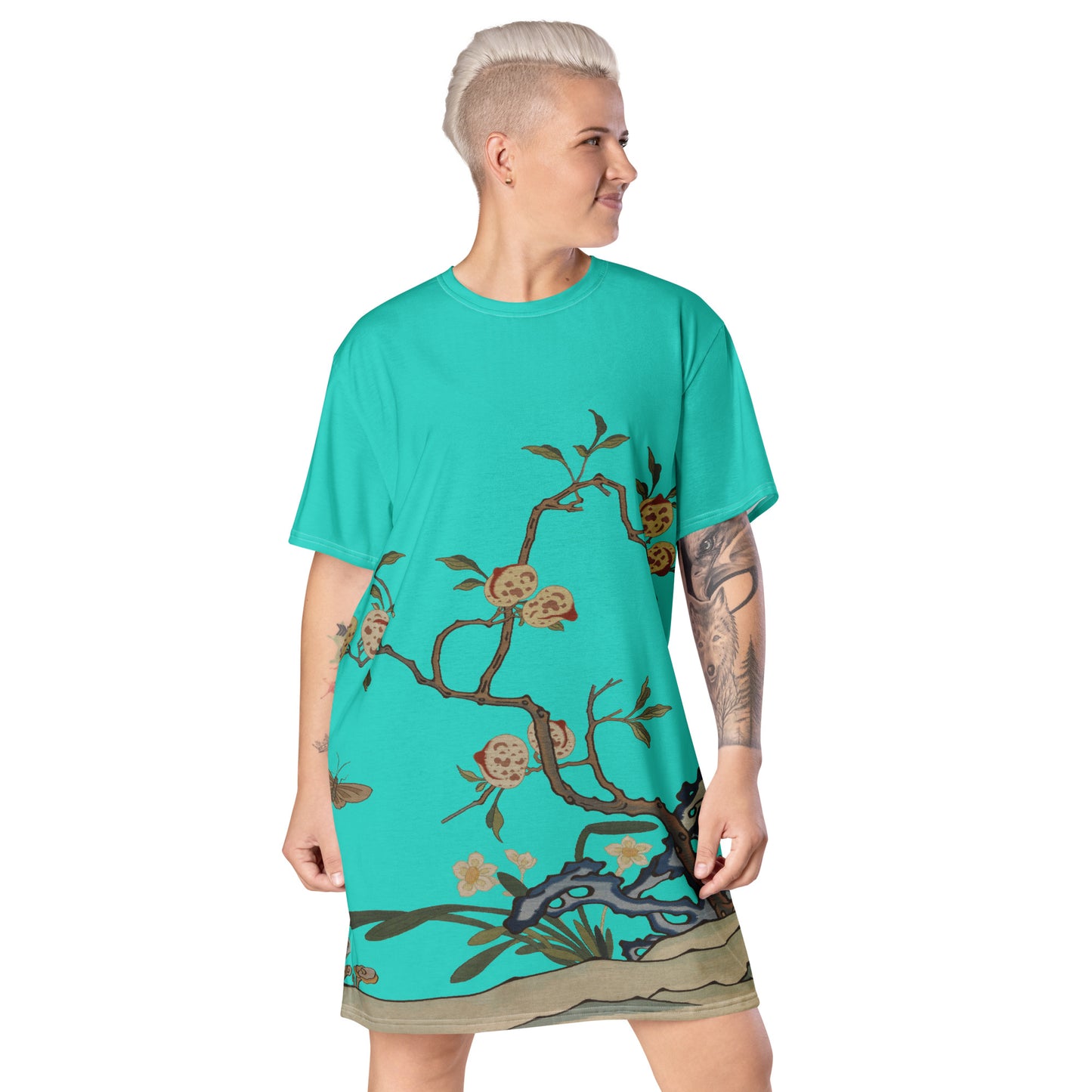 タペストリーの花|Narcissus and Peaches|T-shirt dress|Turquoise