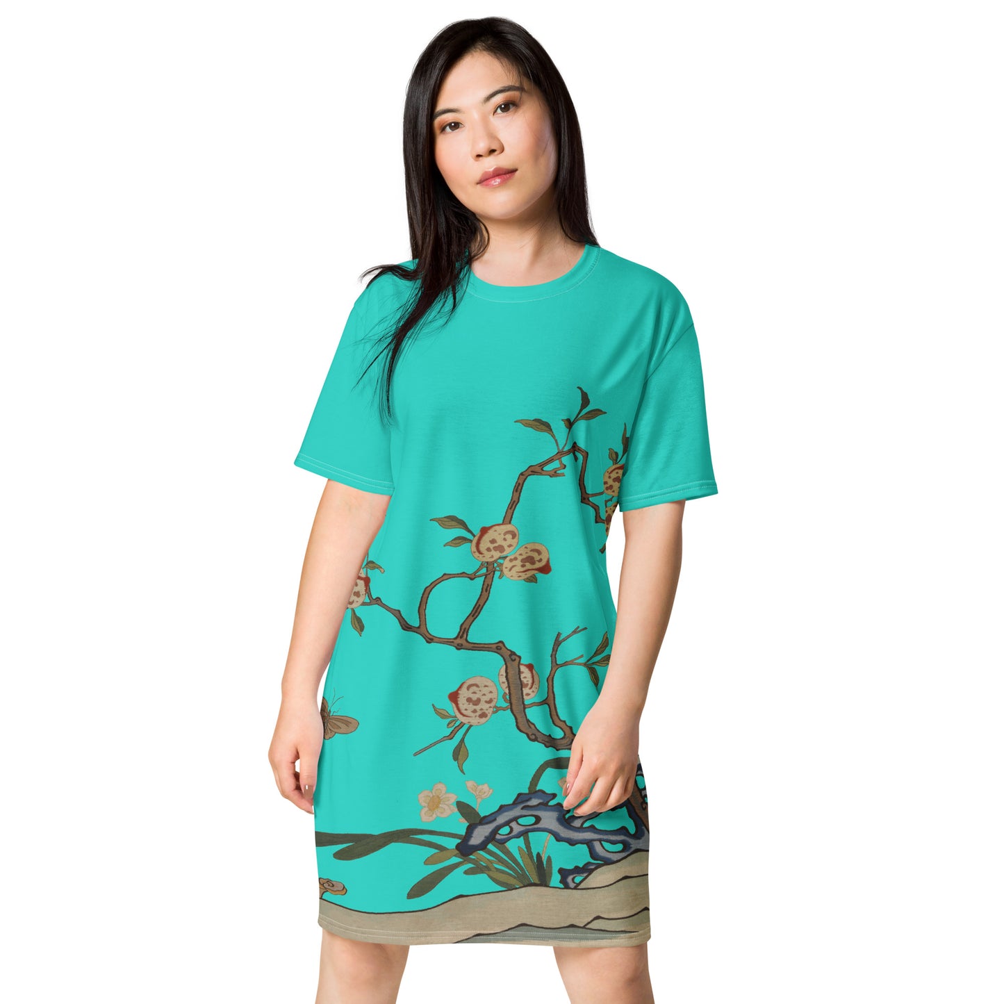 タペストリーの花|Narcissus and Peaches|T-shirt dress|Turquoise