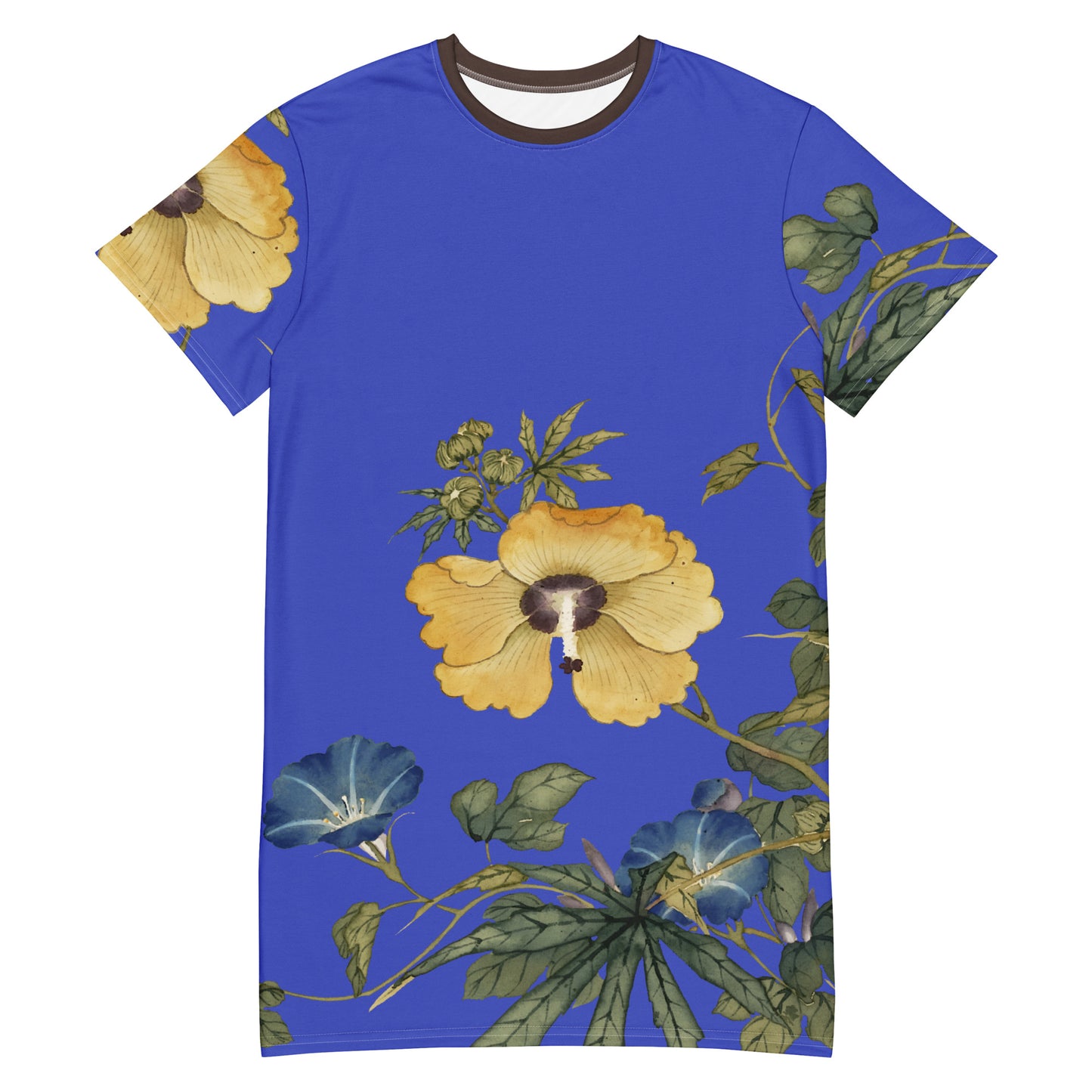 The Spirit of Flowers in Twelve Months|Okra and White-edged Morning Glory in Bloom|T-shirt dress|Royal blue