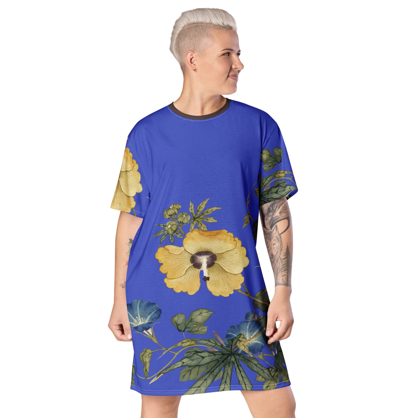 The Spirit of Flowers in Twelve Months|Okra and White-edged Morning Glory in Bloom|T-shirt dress|Royal blue