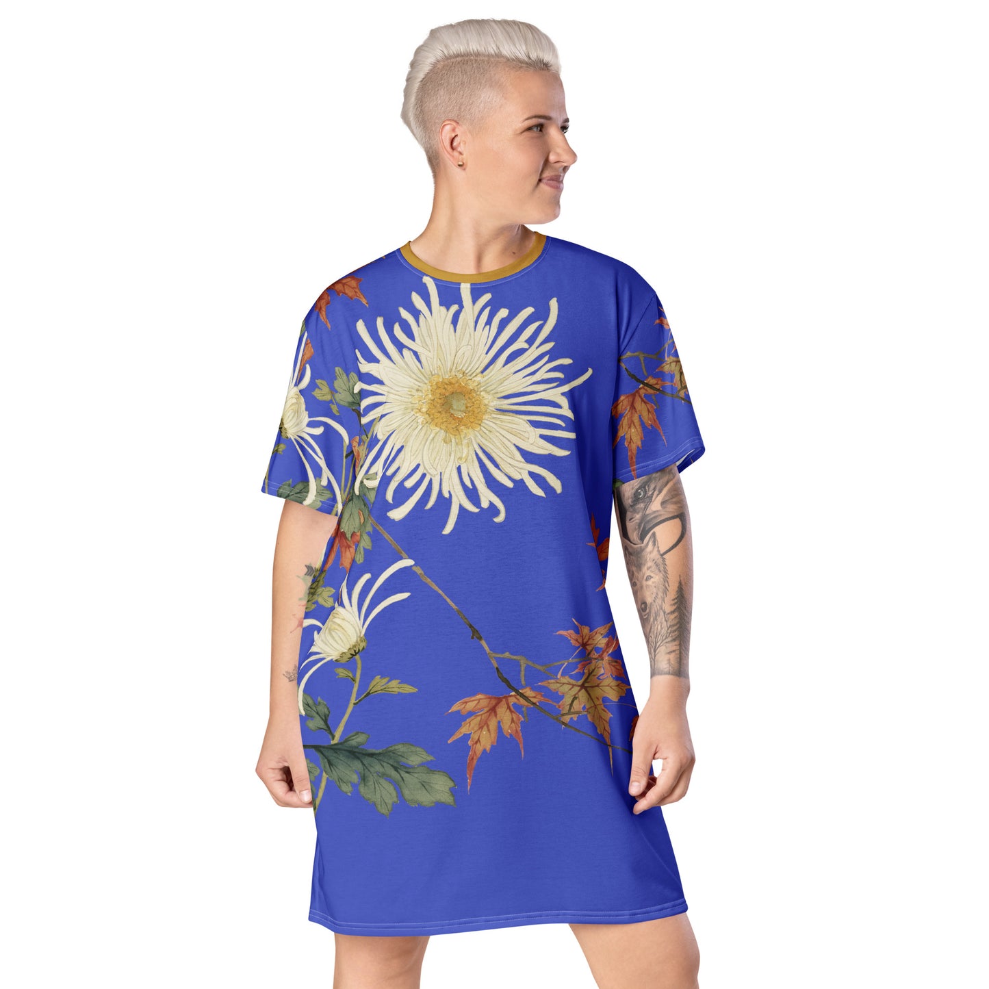 The Spirit of Flowers in Twelve Months|Blooming Chrysanthemum and Maple Leaves|T-shirt dress|Royal blue