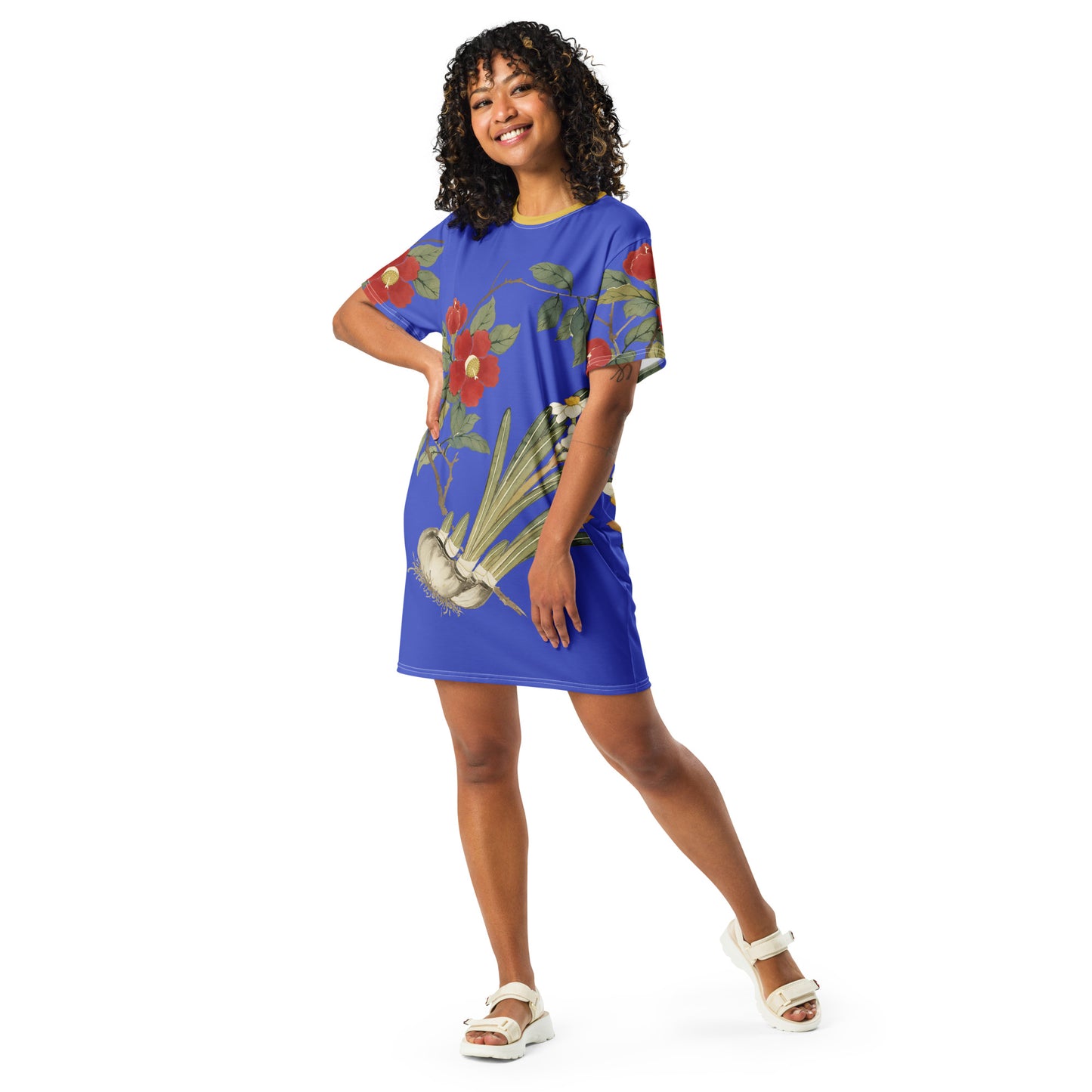 The Spirit of Flowers in Twelve Months|Narcissus and Camelia in Bloom|T-shirt dress|Royal blue