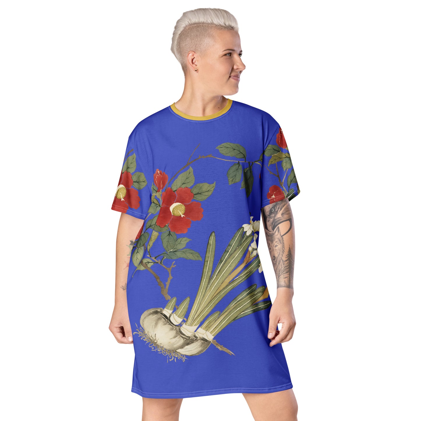 The Spirit of Flowers in Twelve Months|Narcissus and Camelia in Bloom|T-shirt dress|Royal blue