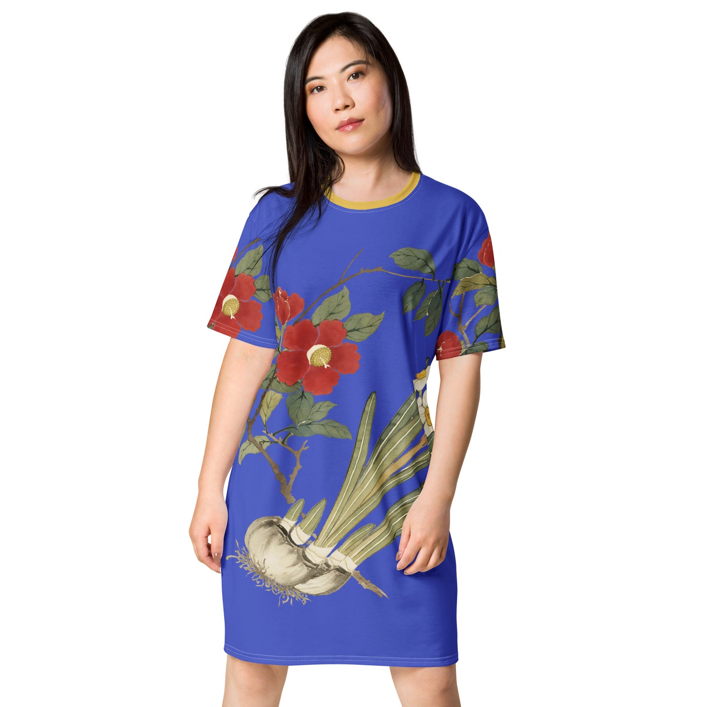 The Spirit of Flowers in Twelve Months|Narcissus and Camelia in Bloom|T-shirt dress|Royal blue
