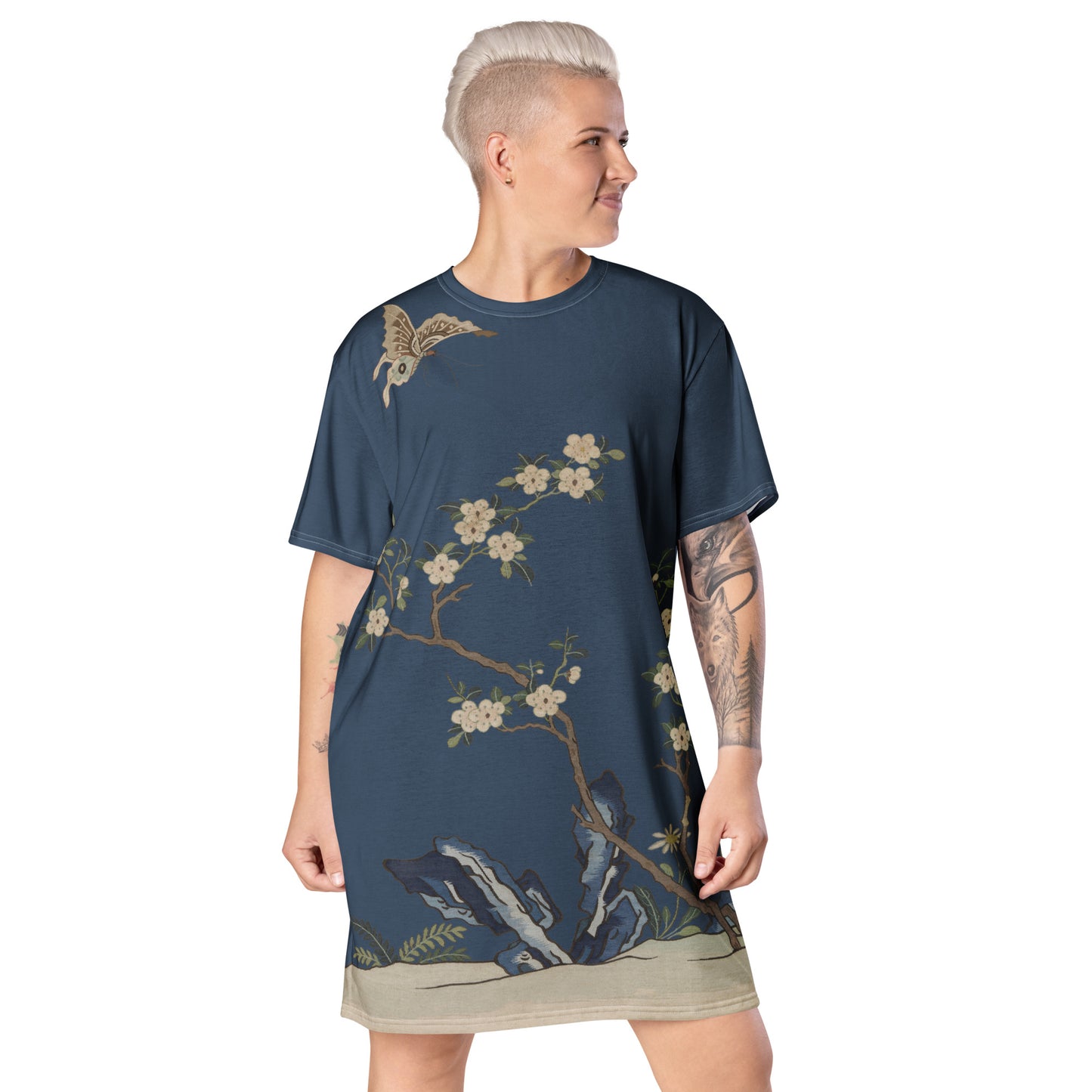 刻丝花卉|梅花蝶|T恤连衣裙|黛蓝