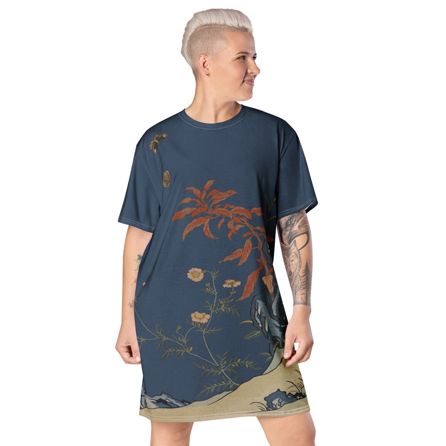 刻丝花卉|花蝶|T恤连衣裙|黛蓝
