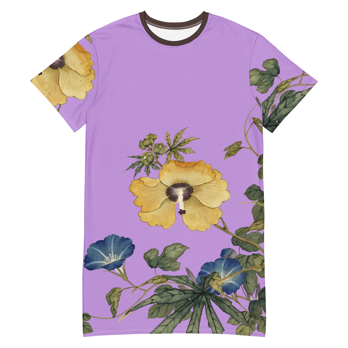 The Spirit of Flowers in Twelve Months|Okra and White-edged Morning Glory in Bloom|T-shirt dress|Lilac