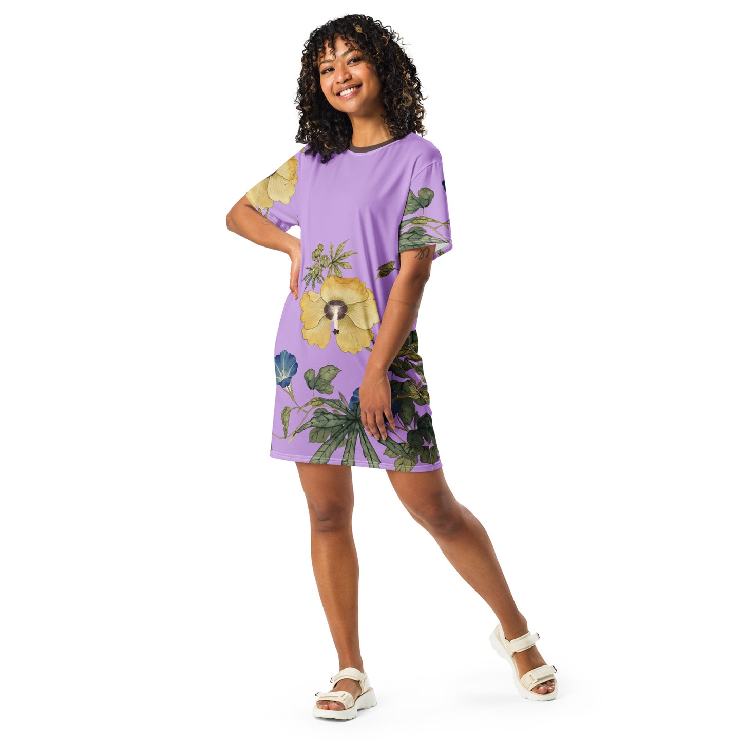 The Spirit of Flowers in Twelve Months|Okra and White-edged Morning Glory in Bloom|T-shirt dress|Lilac