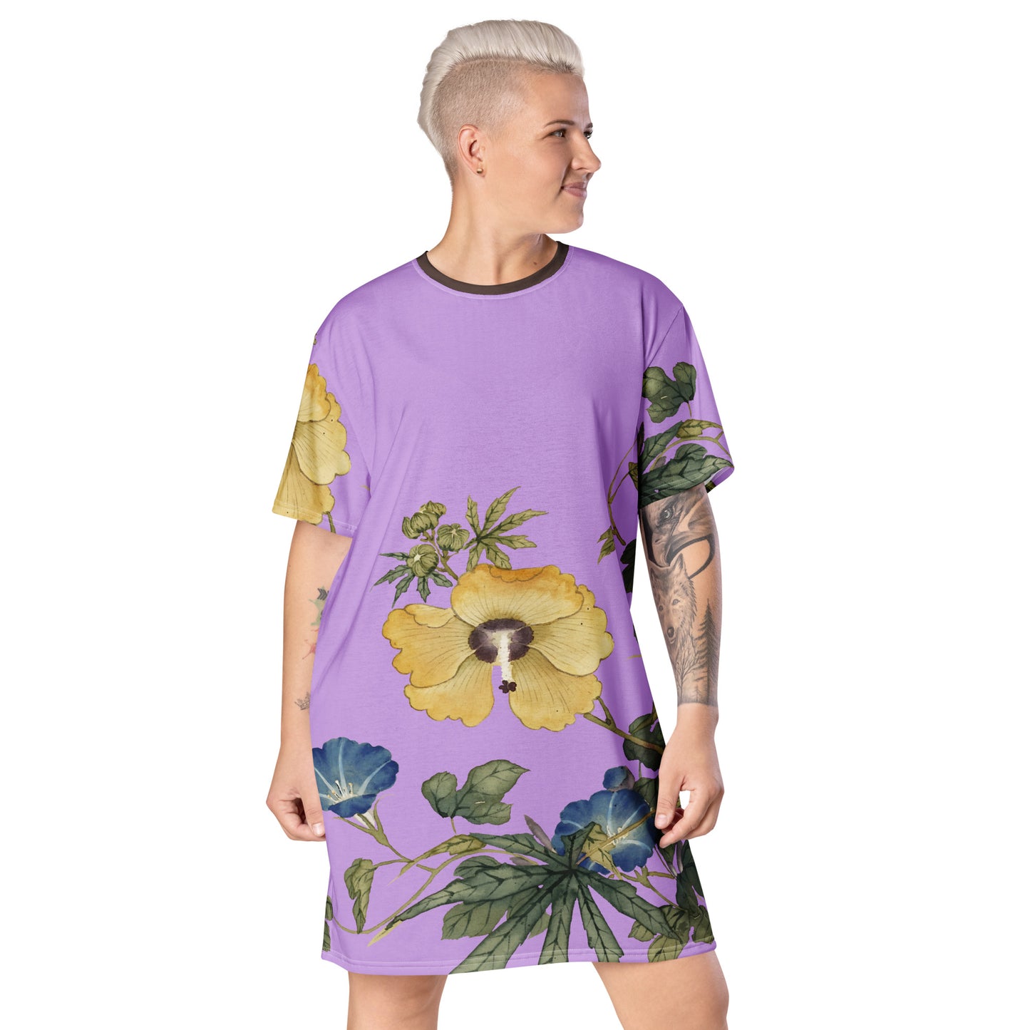The Spirit of Flowers in Twelve Months|Okra and White-edged Morning Glory in Bloom|T-shirt dress|Lilac