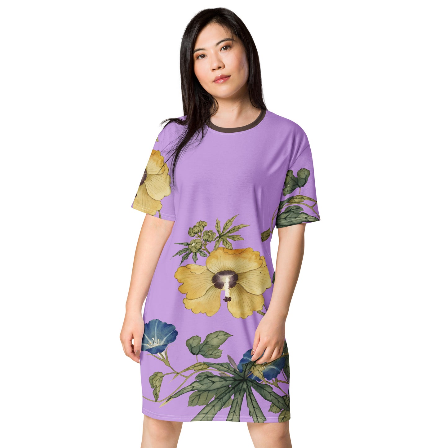 The Spirit of Flowers in Twelve Months|Okra and White-edged Morning Glory in Bloom|T-shirt dress|Lilac