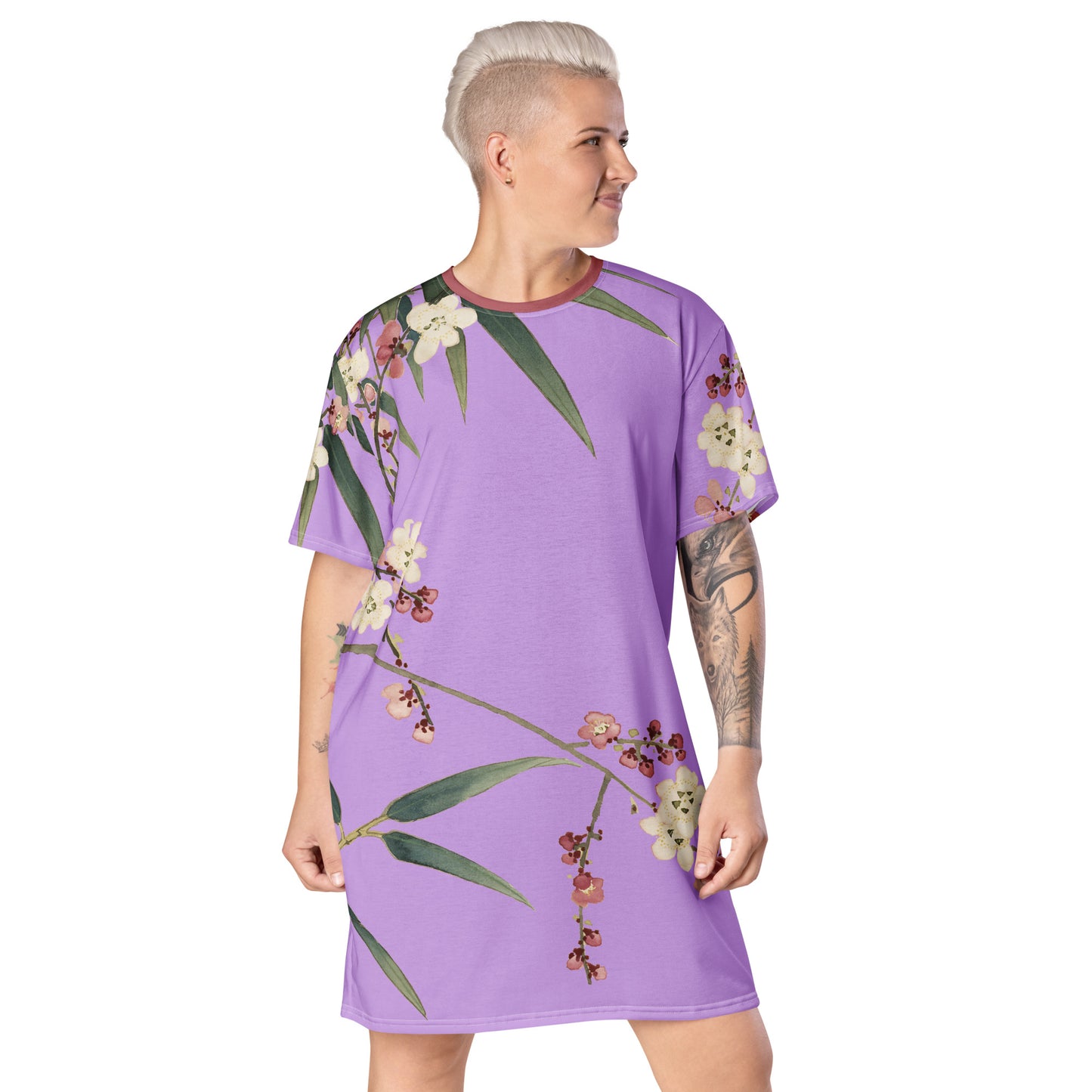 The Spirit of Flowers in Twelve Months|Crimson Plum Blossom and Lush Green Bamboo|T-shirt dress|Lilac