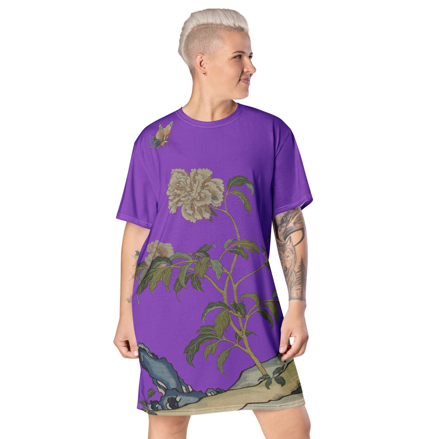 刻丝花卉|芍药|T恤连衣裙|紫色