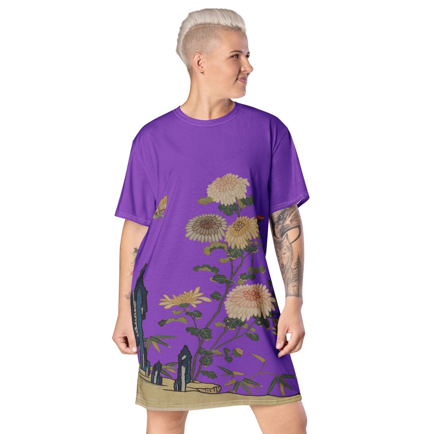 刻丝花卉|菊花双蝶|T恤连衣裙|紫色
