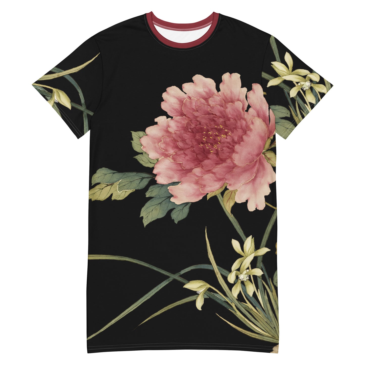 The Spirit of Flowers in Twelve Months|Orchid and Tree Peony in Bloom|T-shirt dress|Black