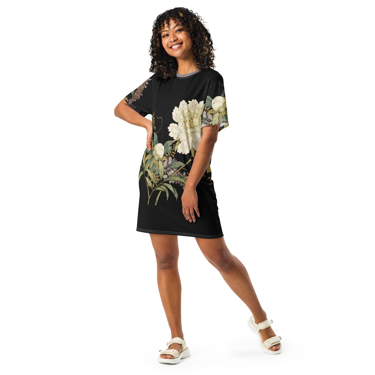 The Spirit of Flowers in Twelve Months|Chinese Peony and Wisteria in Bloom|T-shirt dress|Black