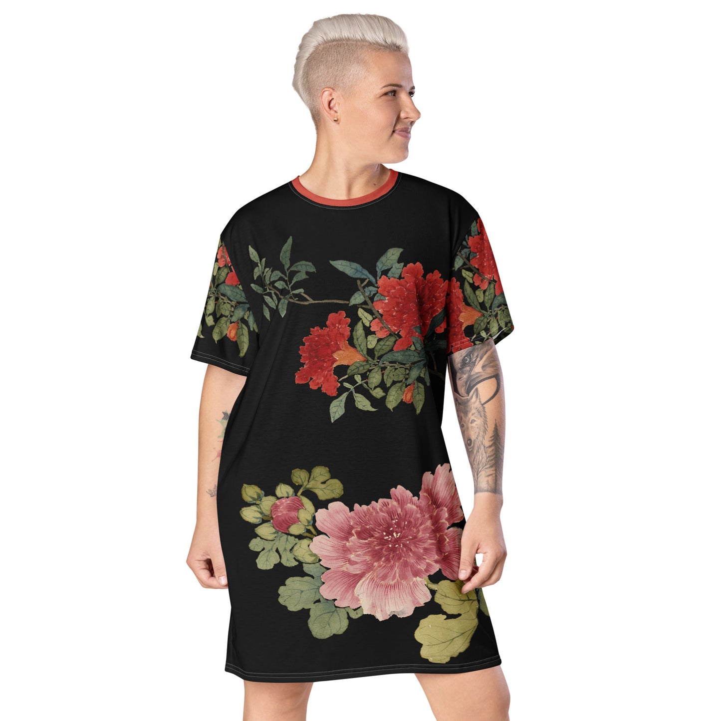 The Spirit of Flowers in Twelve Months|Hollyhock and Pomegranate in Bloom|T-shirt dress|Black