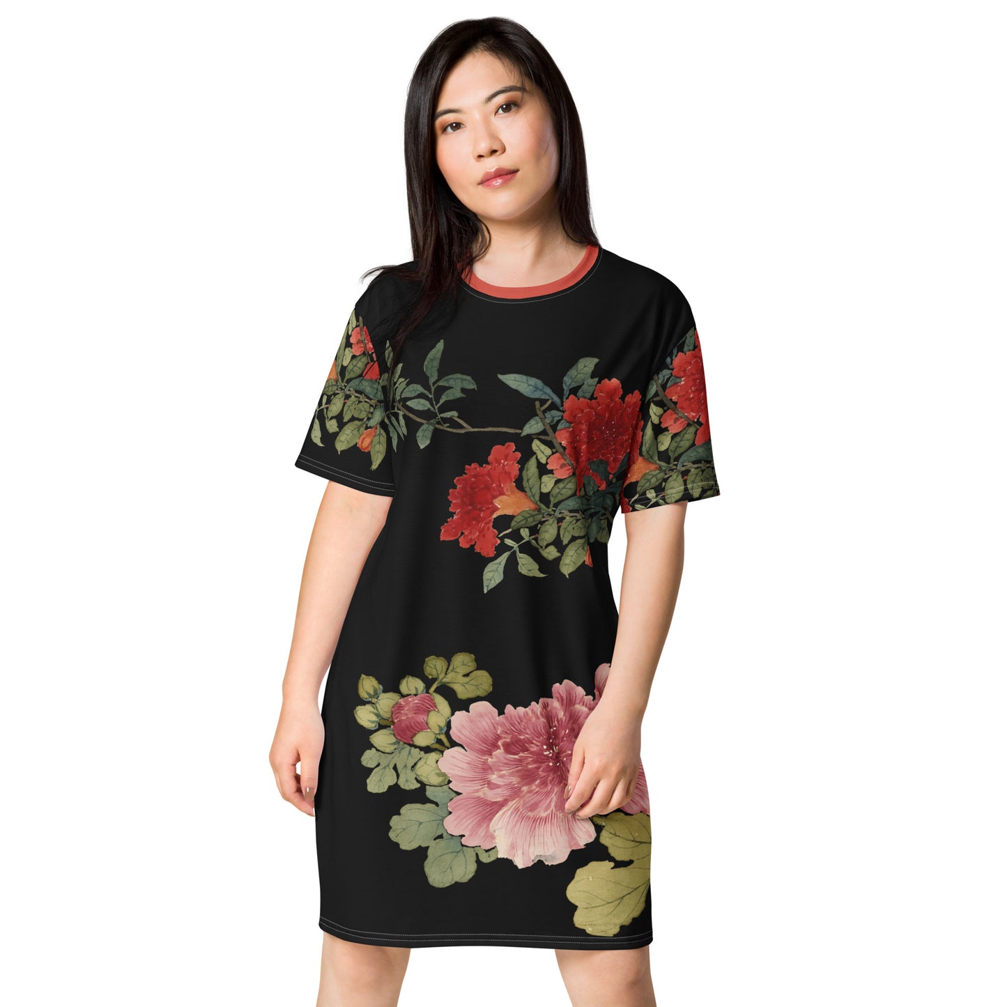 The Spirit of Flowers in Twelve Months|Hollyhock and Pomegranate in Bloom|T-shirt dress|Black