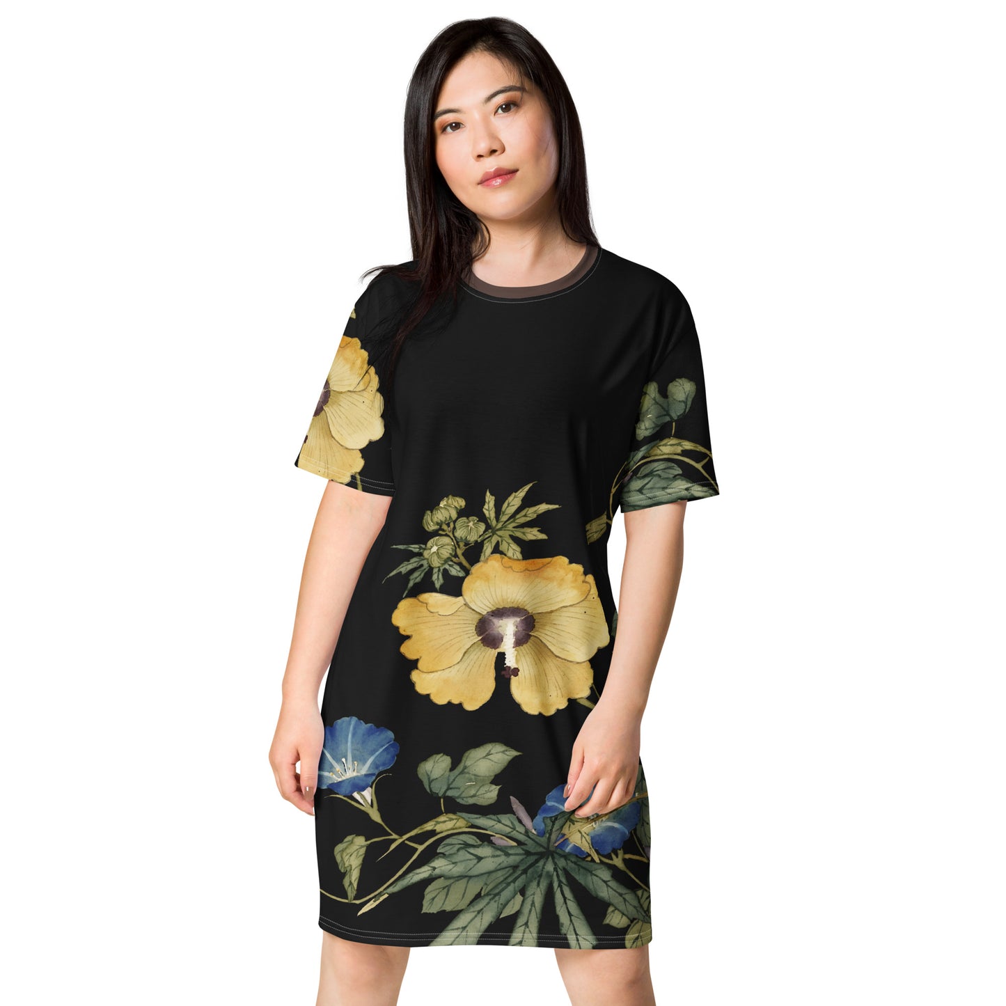 The Spirit of Flowers in Twelve Months|Okra and White-edged Morning Glory in Bloom|T-shirt dress|Black