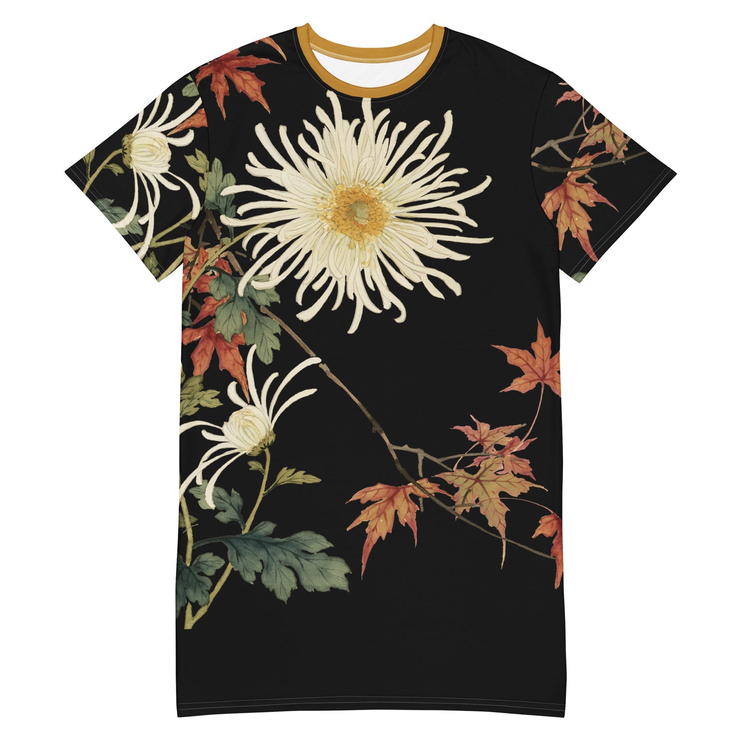 The Spirit of Flowers in Twelve Months|Blooming Chrysanthemum and Maple Leaves|T-shirt dress|Black