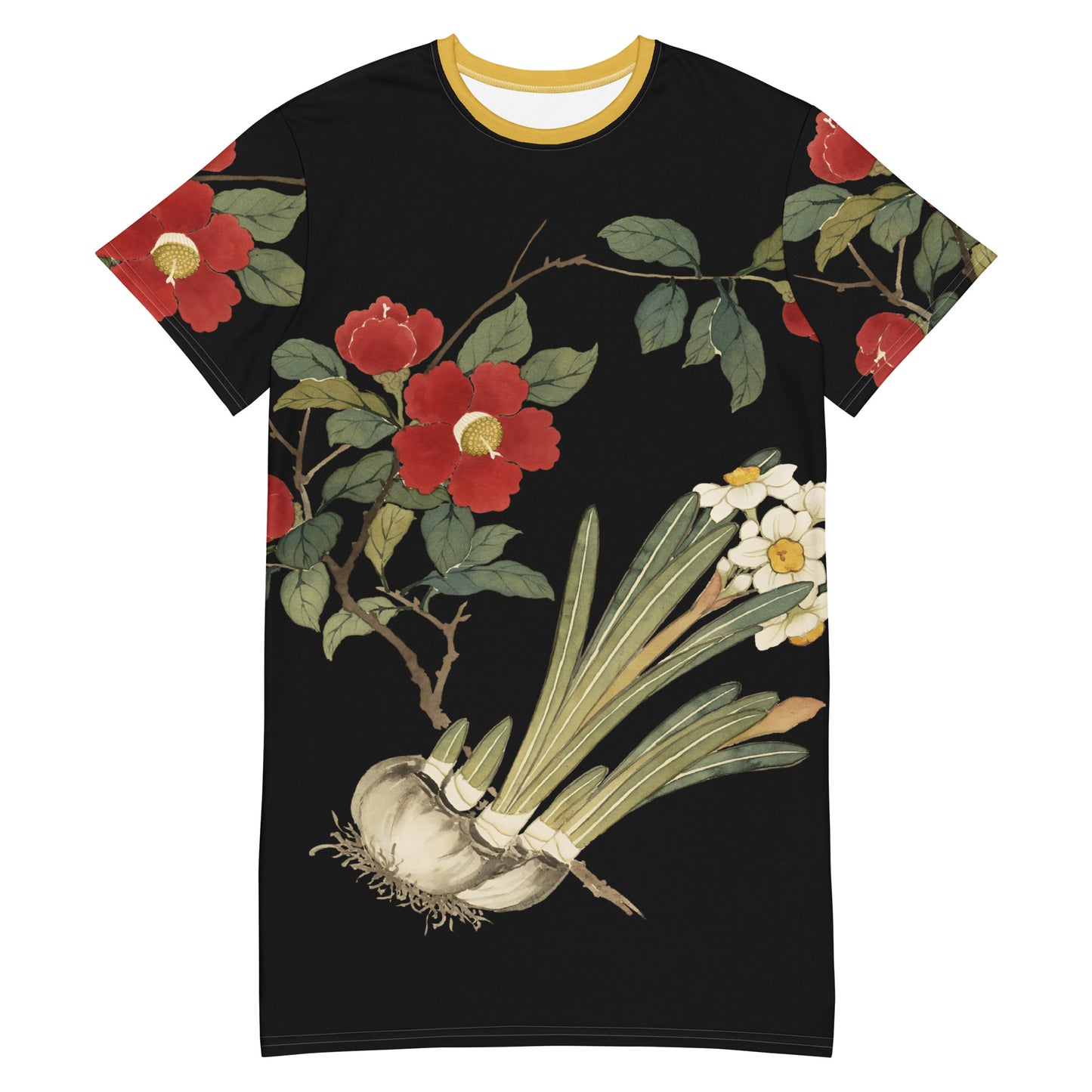 The Spirit of Flowers in Twelve Months|Narcissus and Camelia in Bloom|T-shirt dress|Black