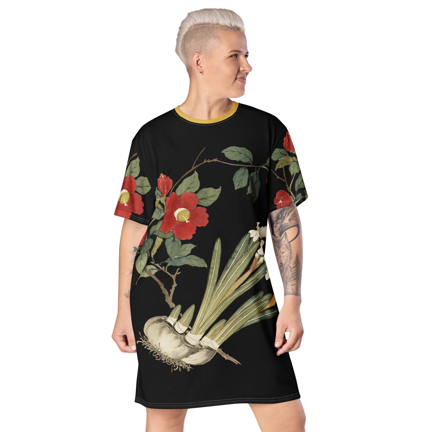 The Spirit of Flowers in Twelve Months|Narcissus and Camelia in Bloom|T-shirt dress|Black